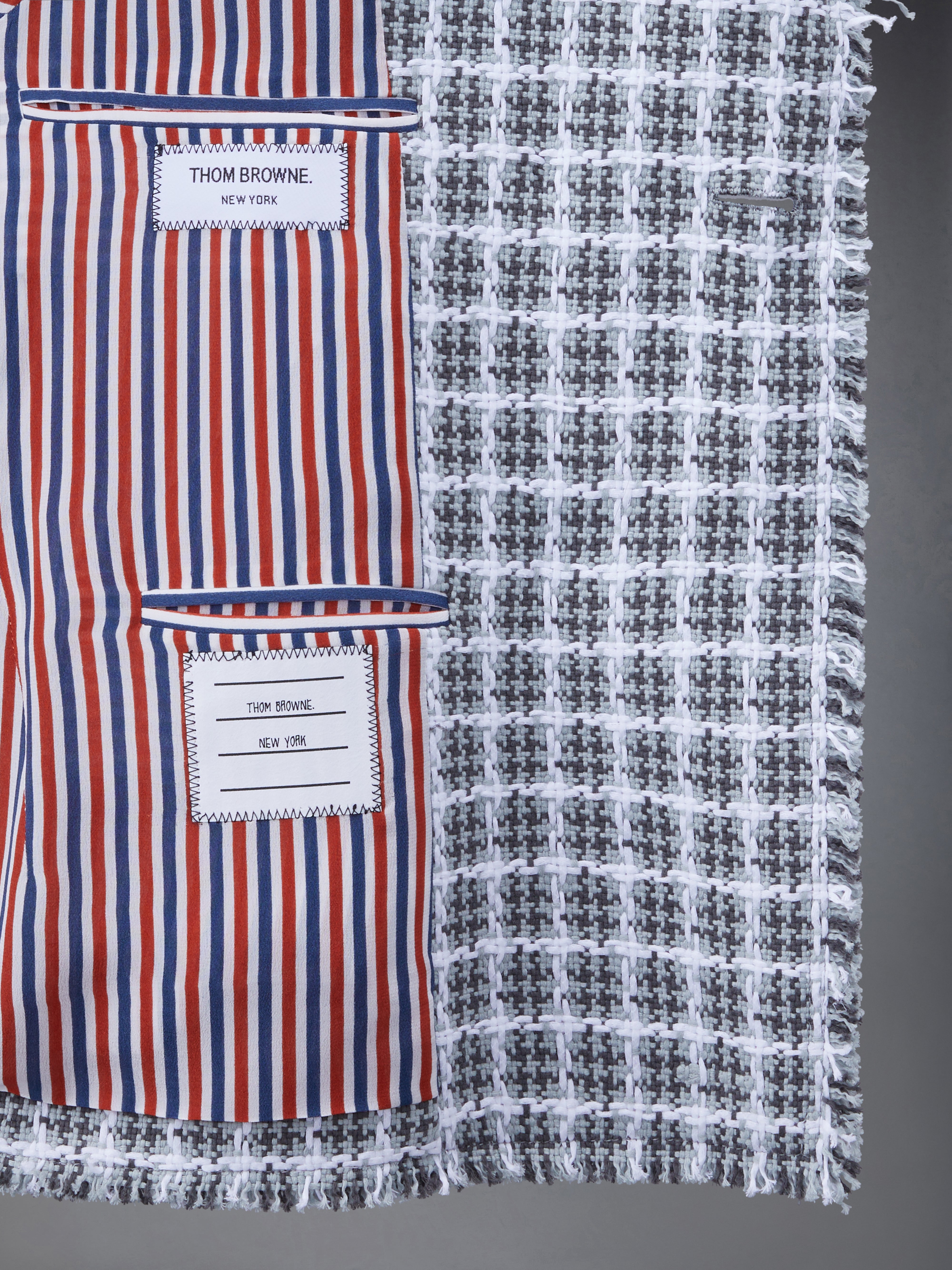 Check Summer Tweed Fray Cropped Sack Sport Coat | Thom Browne