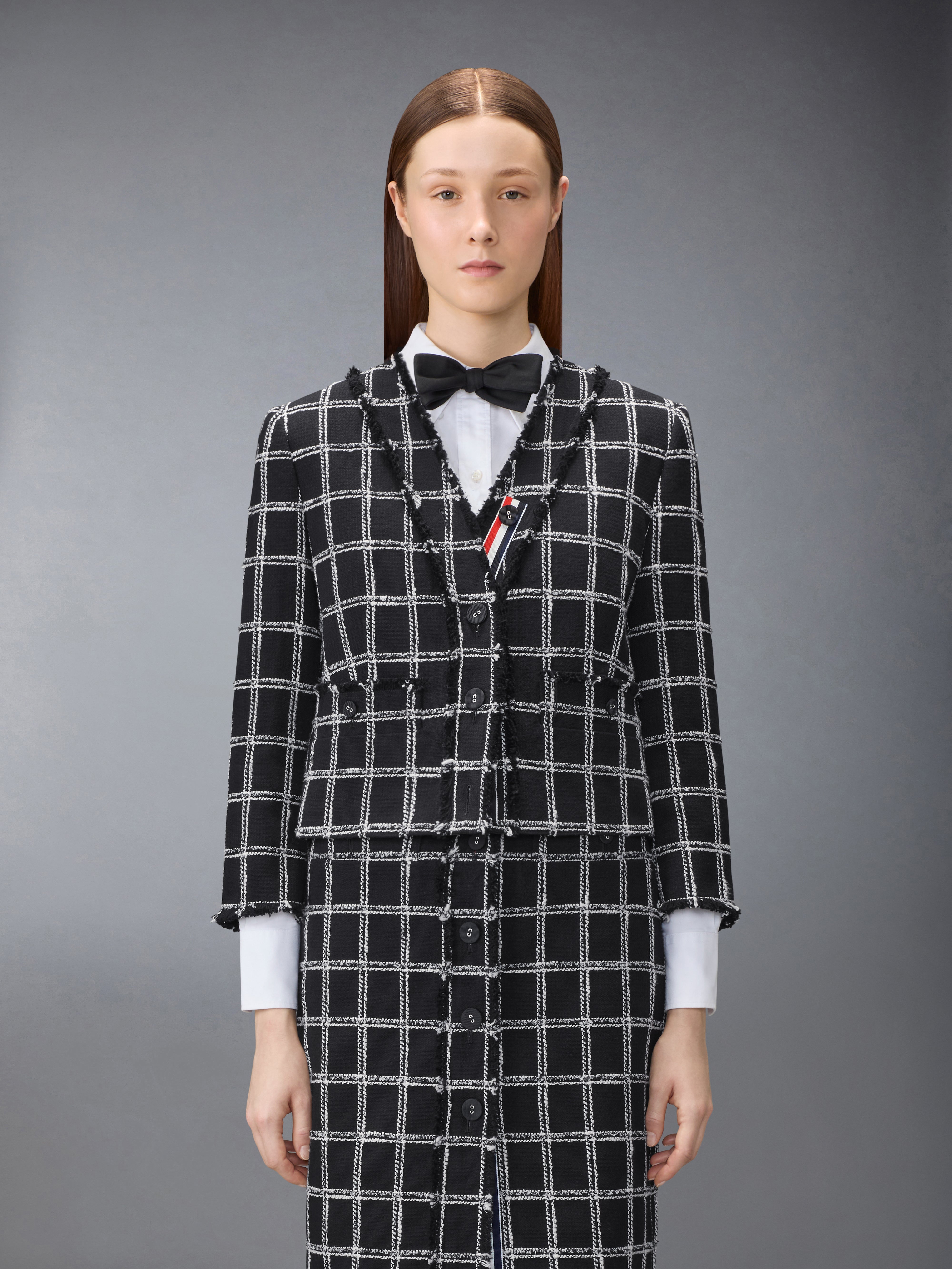 THOM BROWNE チェック柄 長袖シルク混カーディガン Windowpane Houndstooth Tweed Cardigan Jacket | Thom Browne
