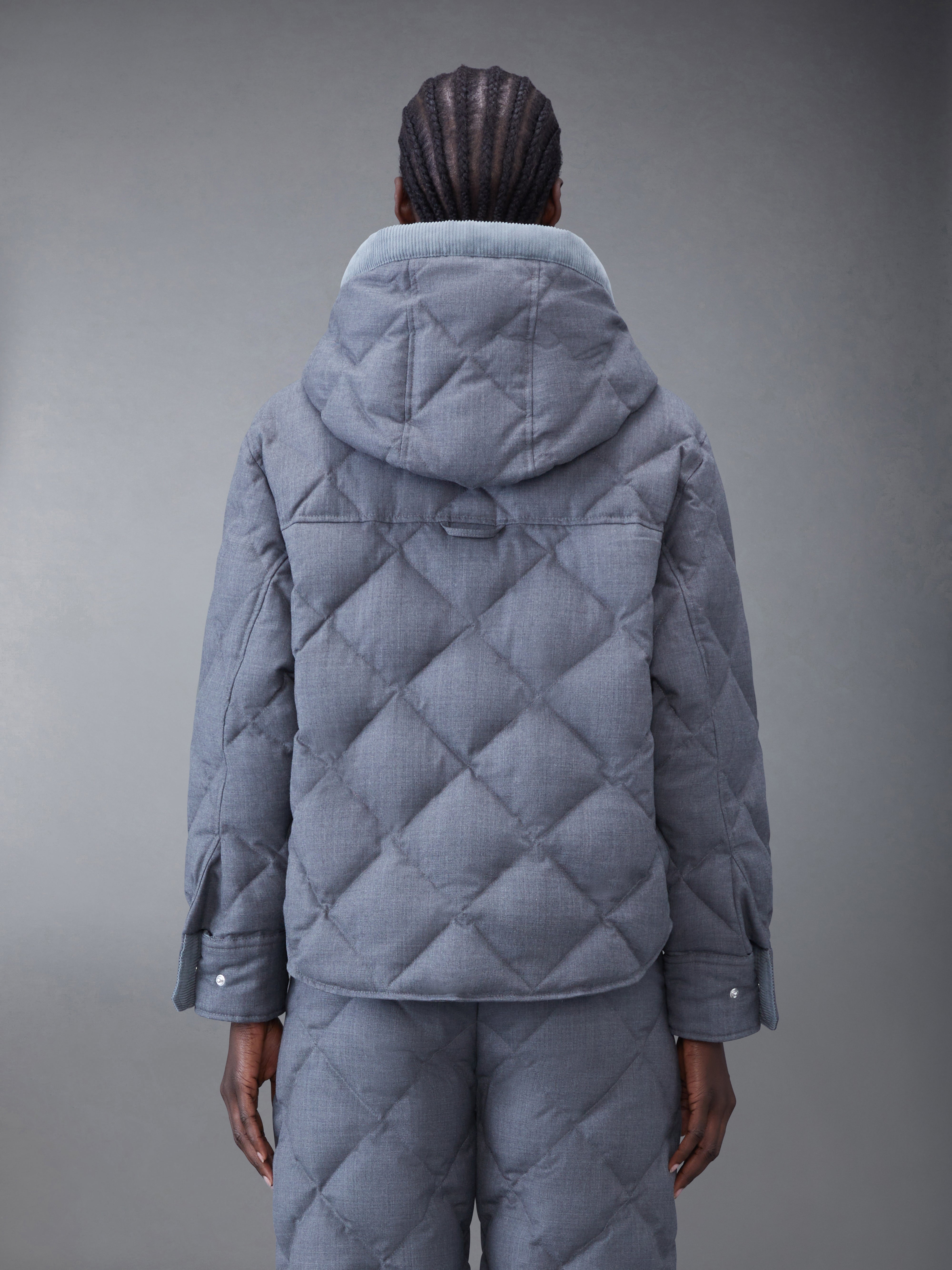 Super 120's Twill Down Hooded Patch Pocket Jacket | Thom Browne