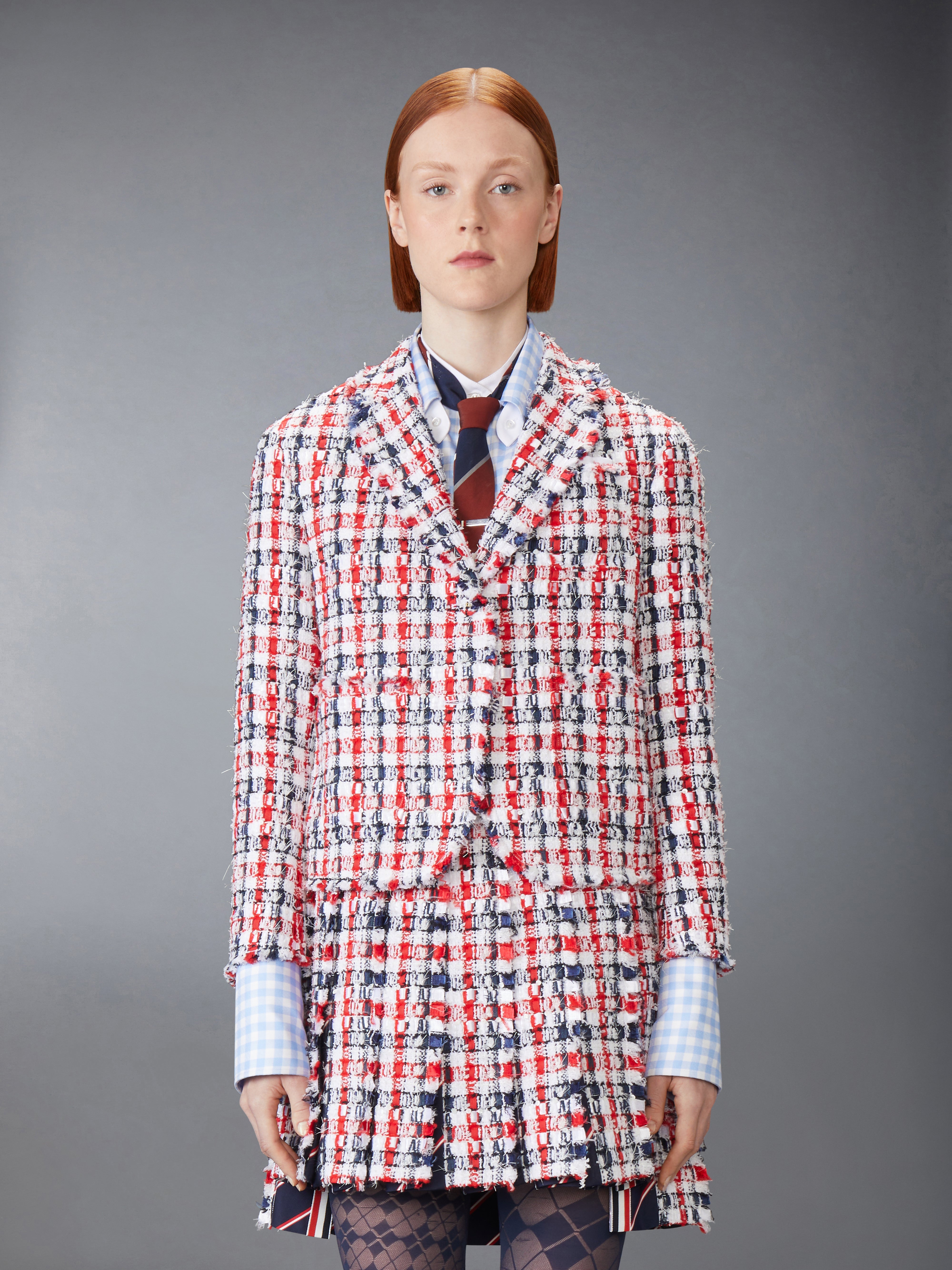 thom browne gingham dress Women's Gingham Satin Ribbon Tweed Mini Pencil Dress With Swarovski Crystal in Med Grey Size 42