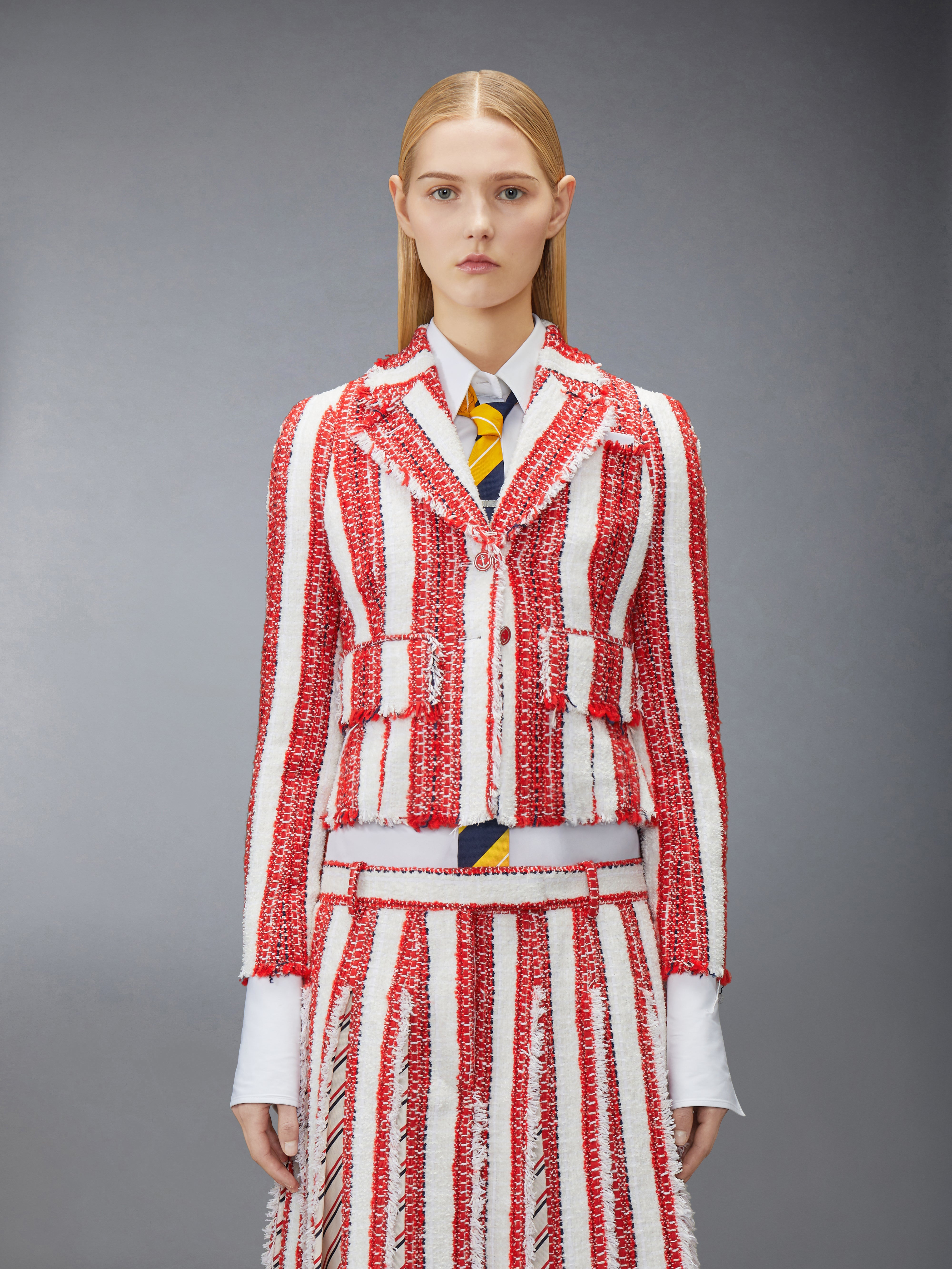 Ribbon Tweed Cropped Jacket With Fray Edge | Thom Browne