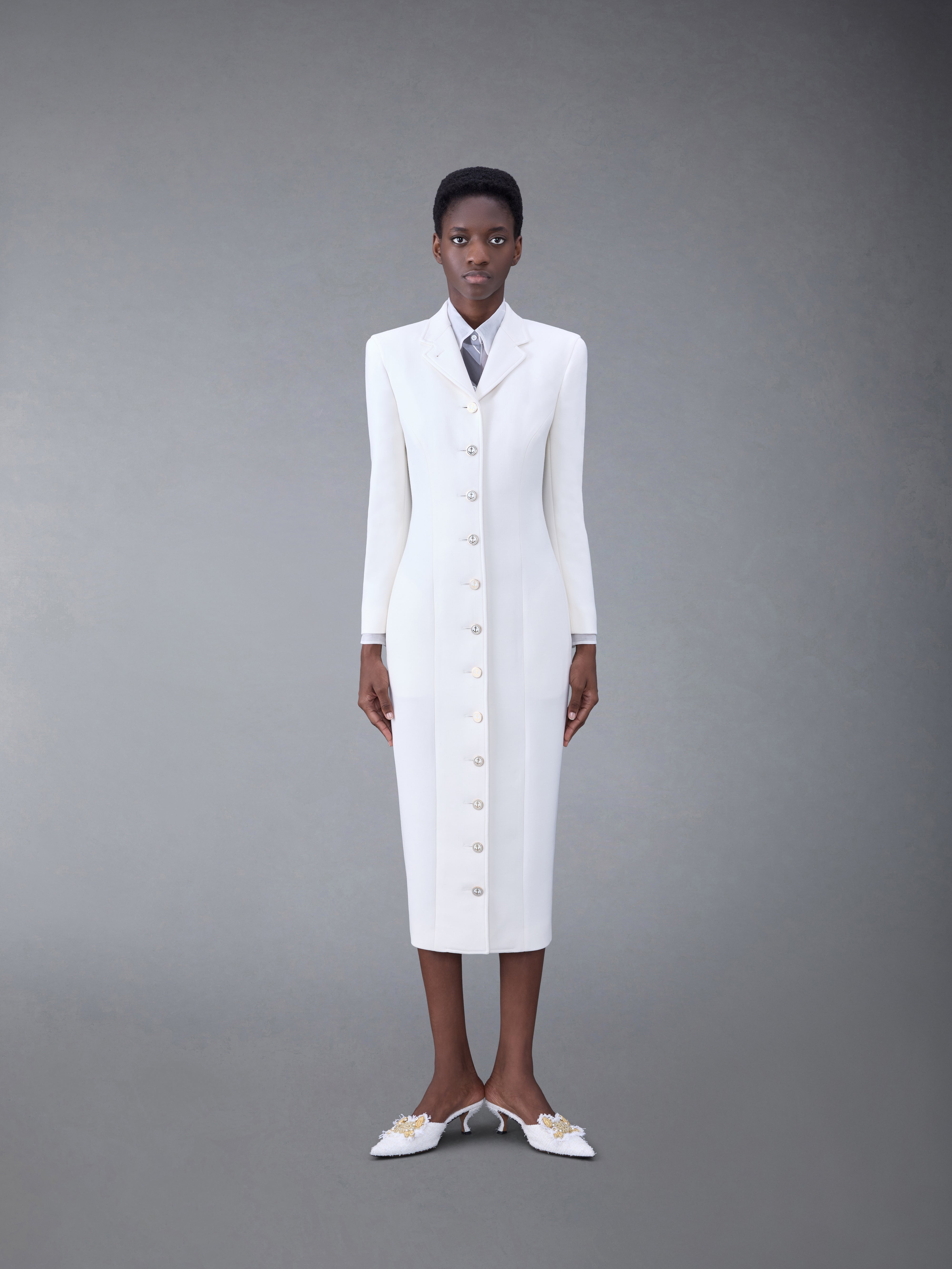 THOM BROWNE Wool Crepe Moulded Shoulder Maxi Dress