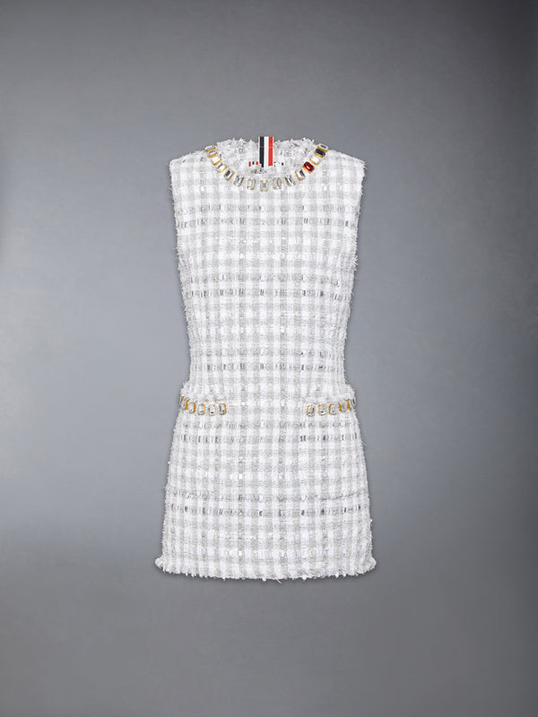 GINGHAM SATIN RIBBON TWEED MINI PENCIL DRESS WITH SWAROVSKI CRYSTAL - featured image