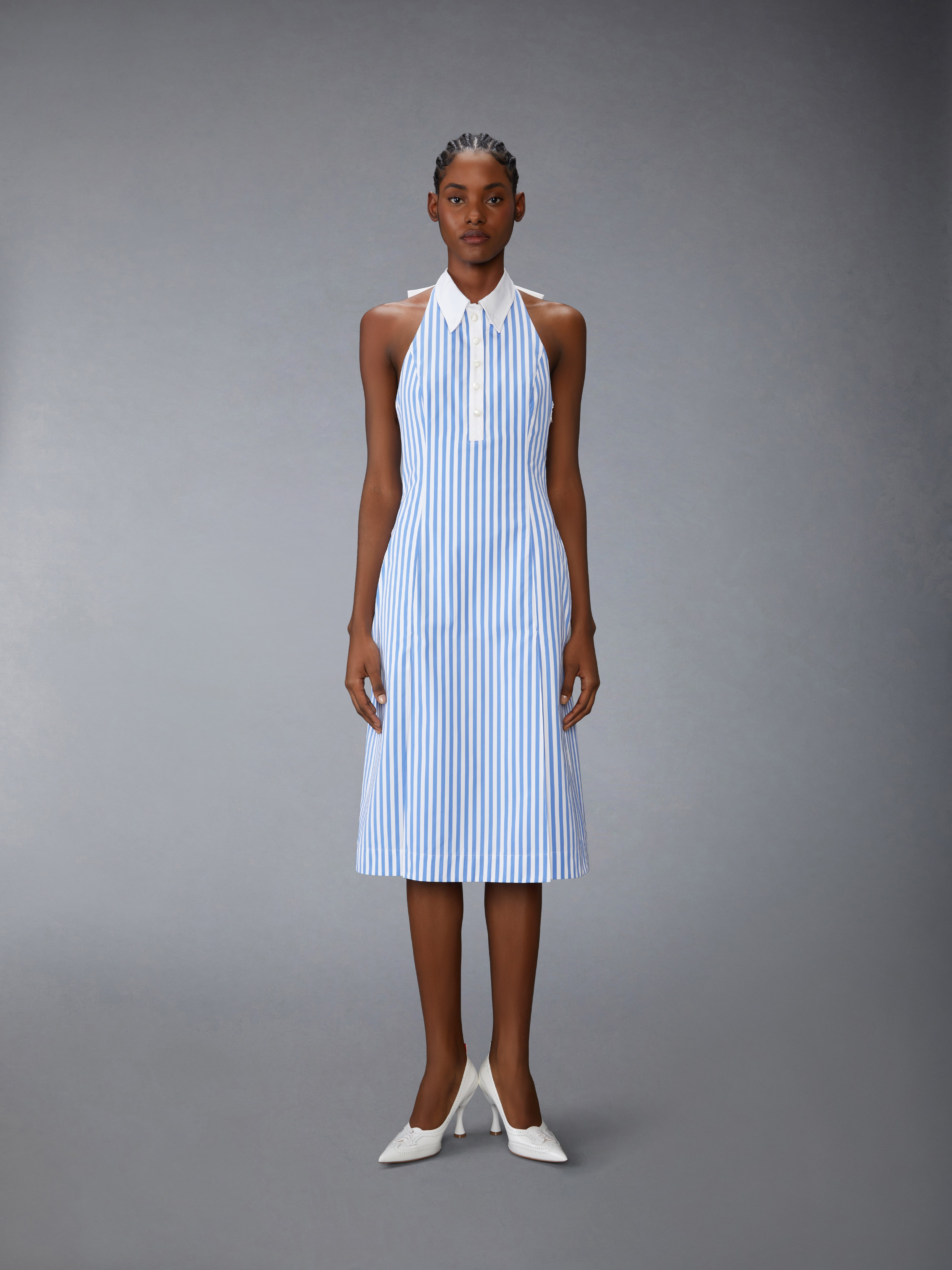 Women's Awning Striped Poplin Polo Halter Dress in Medium Blue Size 42 Women's Awning Striped Poplin Polo Halter Dress in Medium Blue Size 42