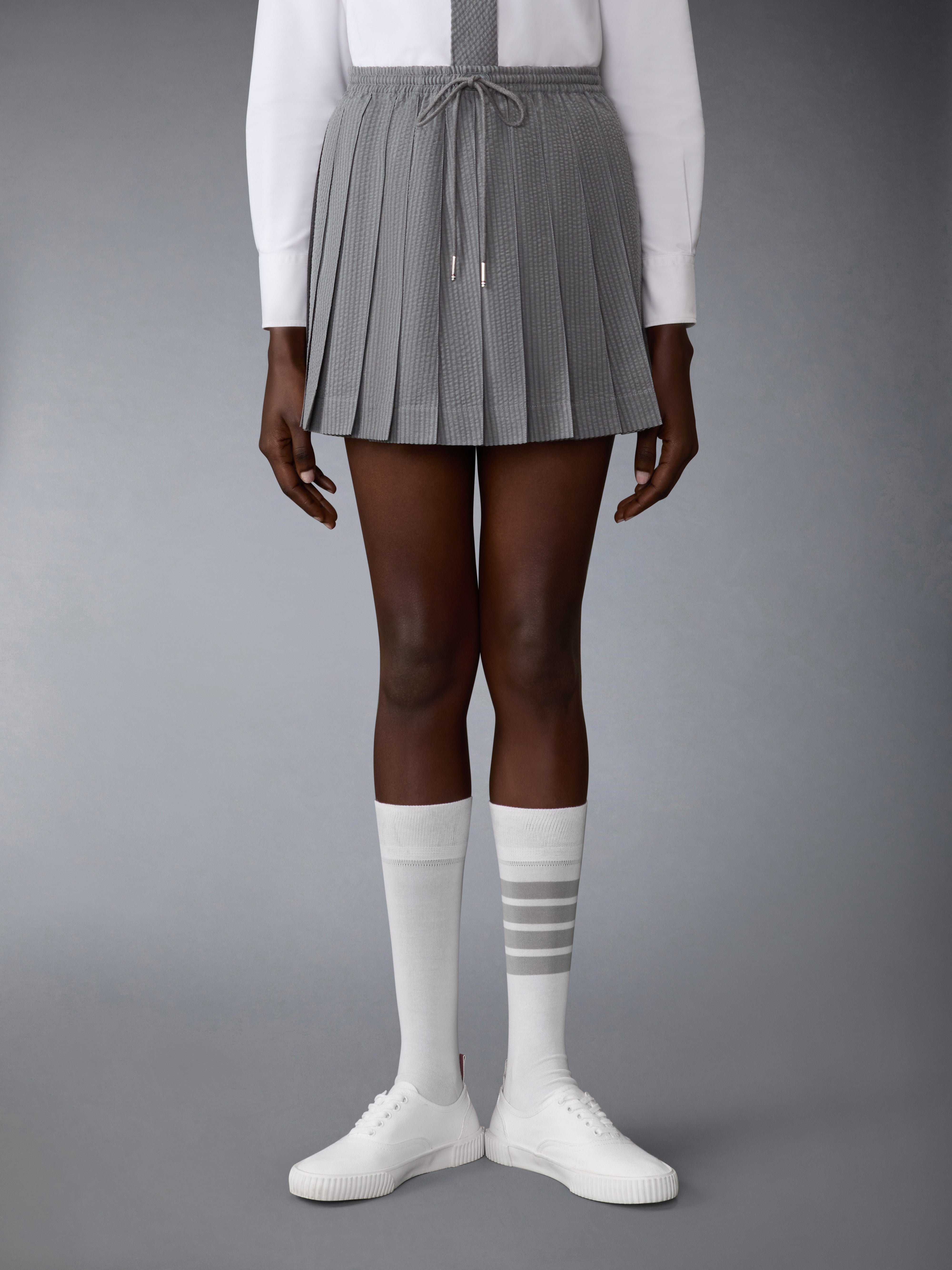 Wool Seersucker Drawstring Pleated Mini Skirt | Thom Browne