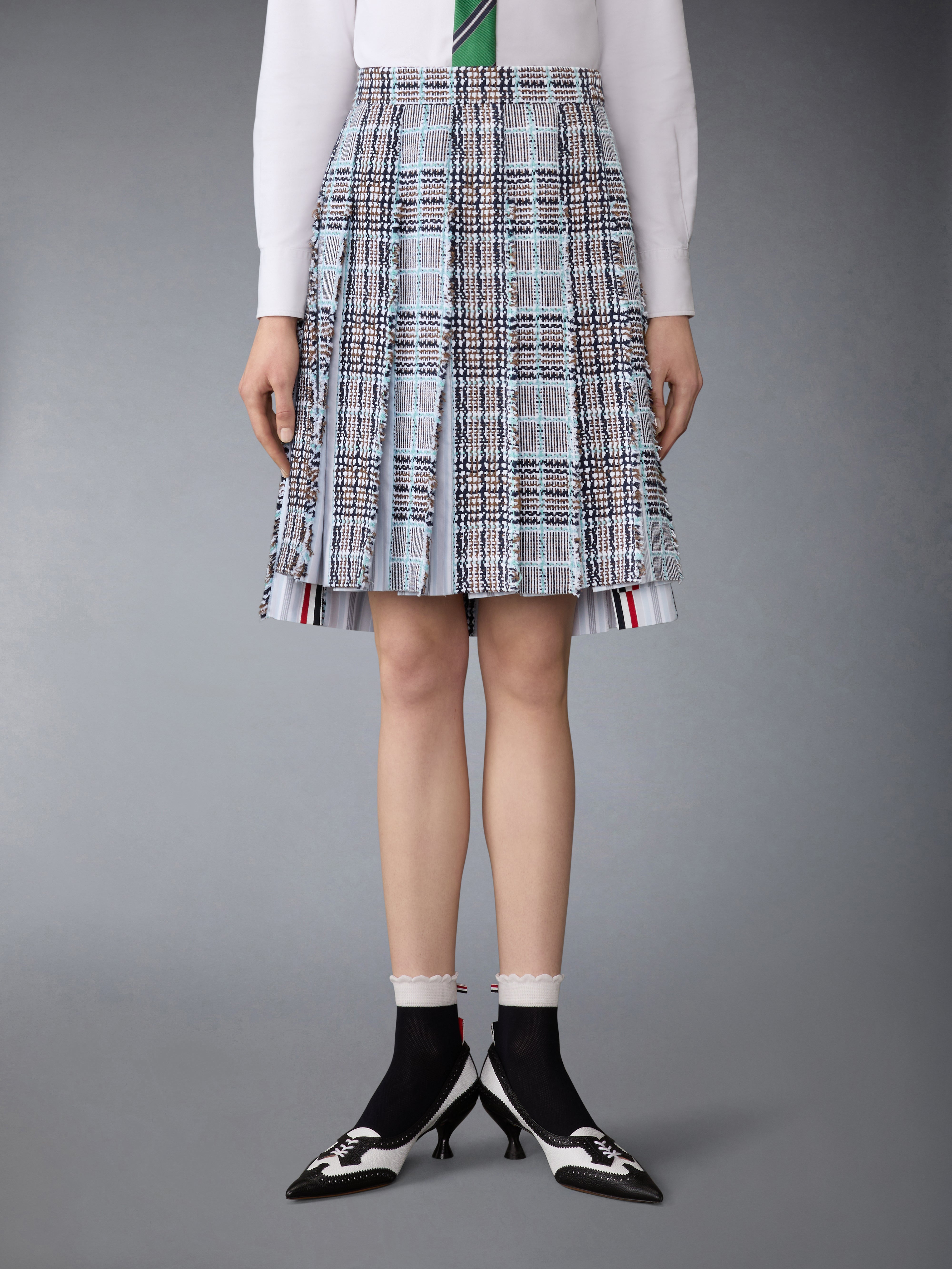 Plaid Check Summer Tweed Frayed Pleated Skirt | Thom Browne