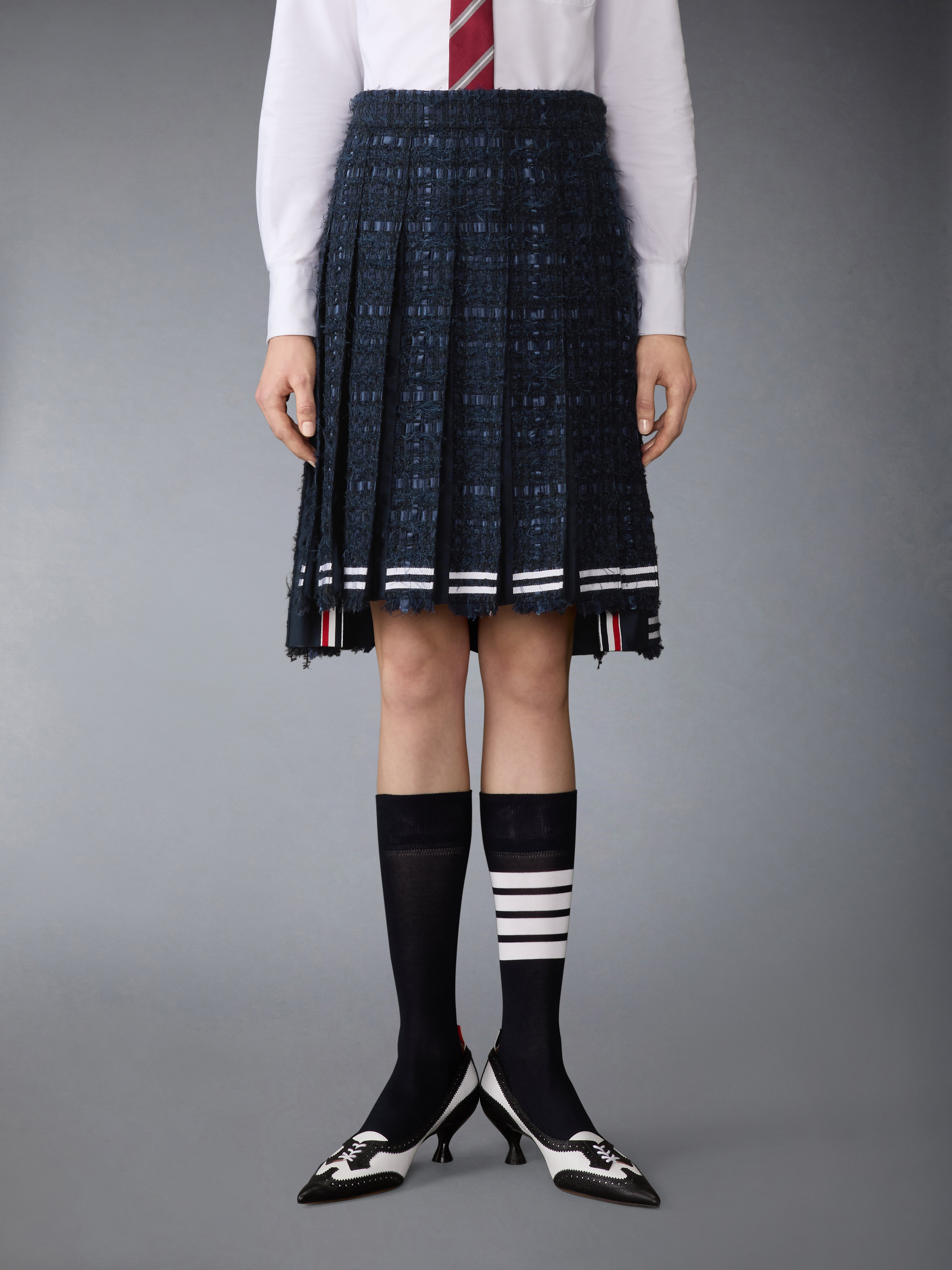 Satin Ribbon Tweed Frayed Pleated Skirt | Thom Browne
