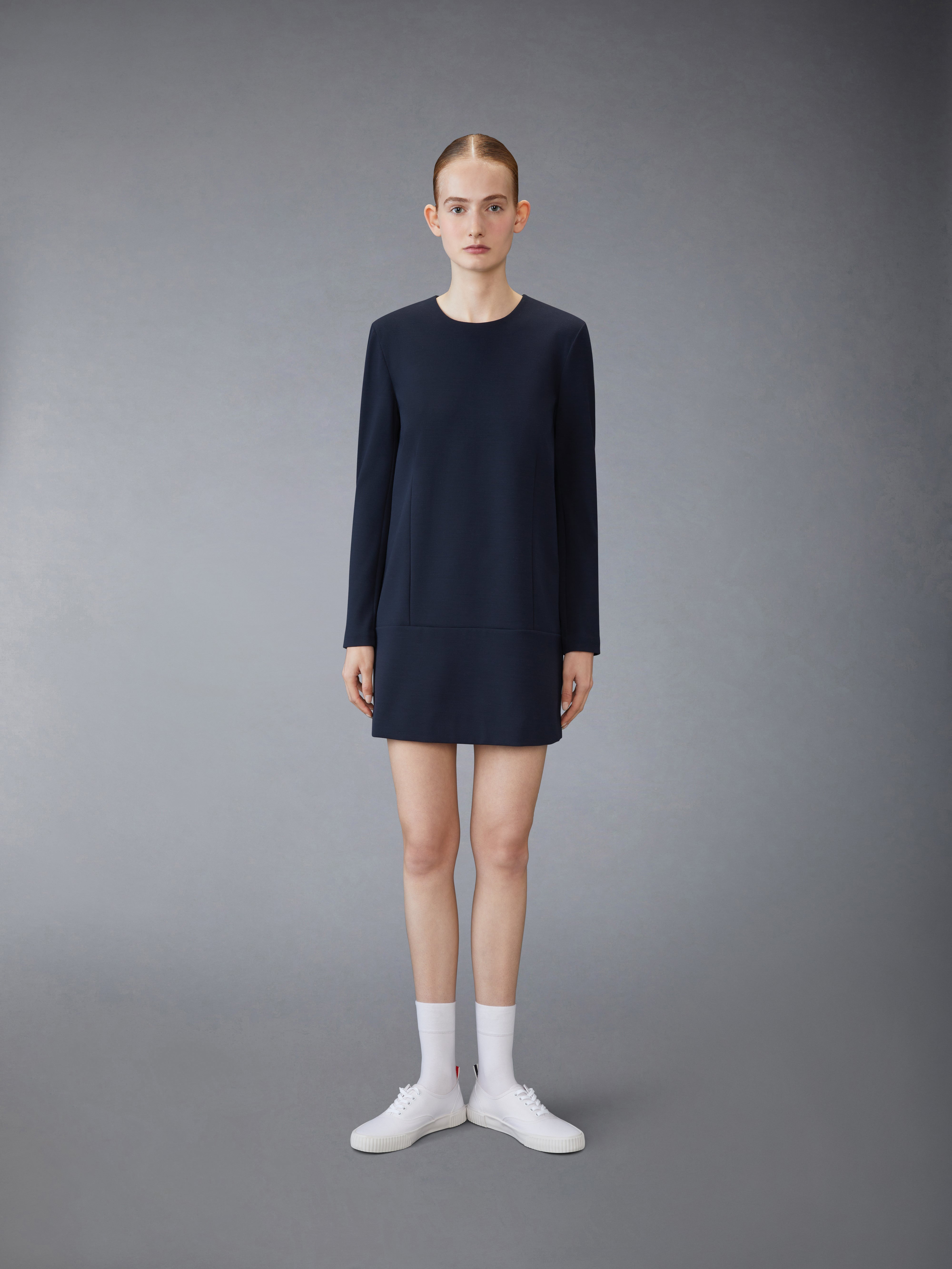Long Sleeve Mini Shift Dress W/ Gold Anchor Buttons In Wool