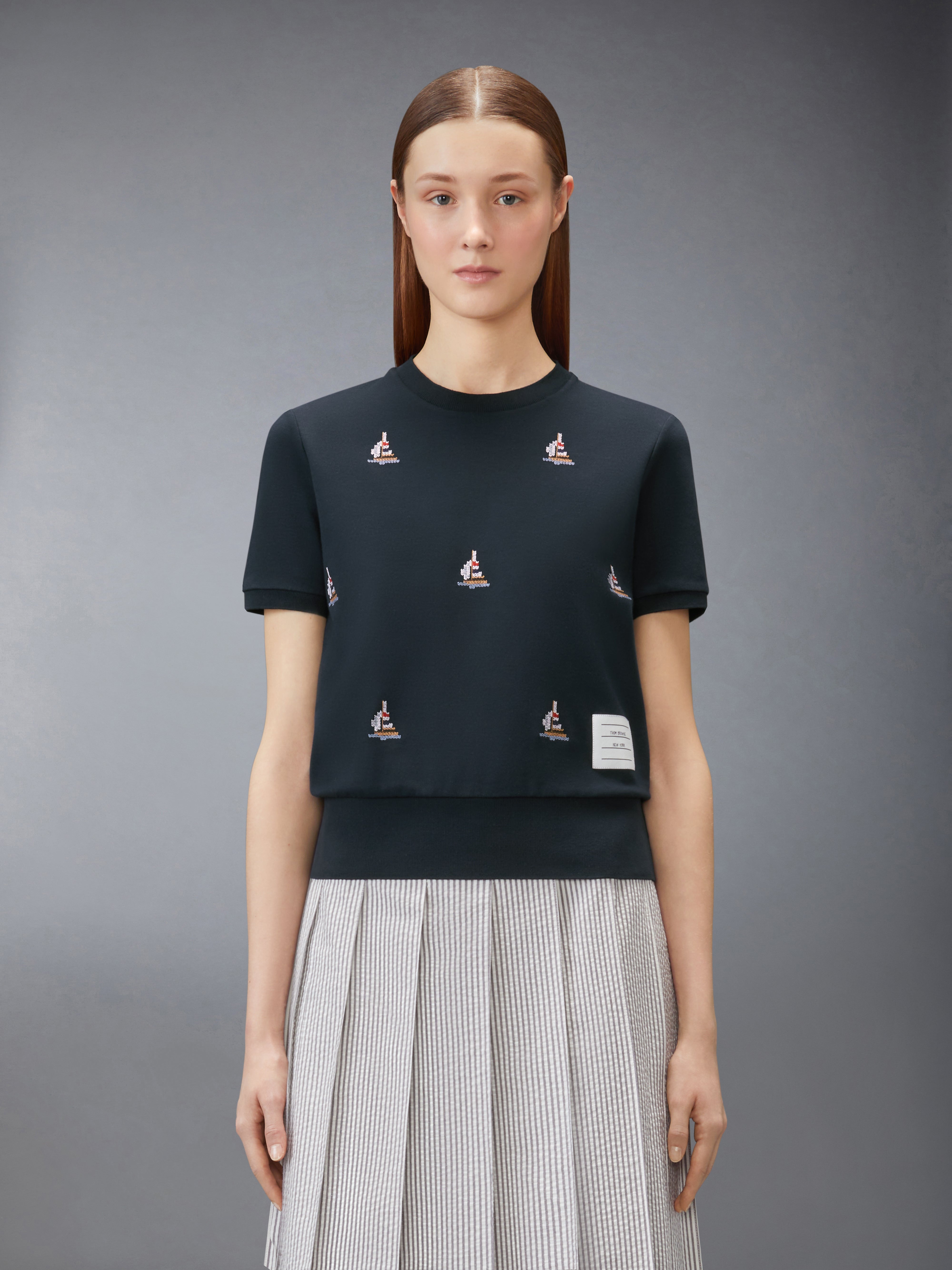 ⭐︎THOM BROWNE アイボリー レース編み 半袖 Cotton Milano Sailboat Rib Tee | Thom Browne