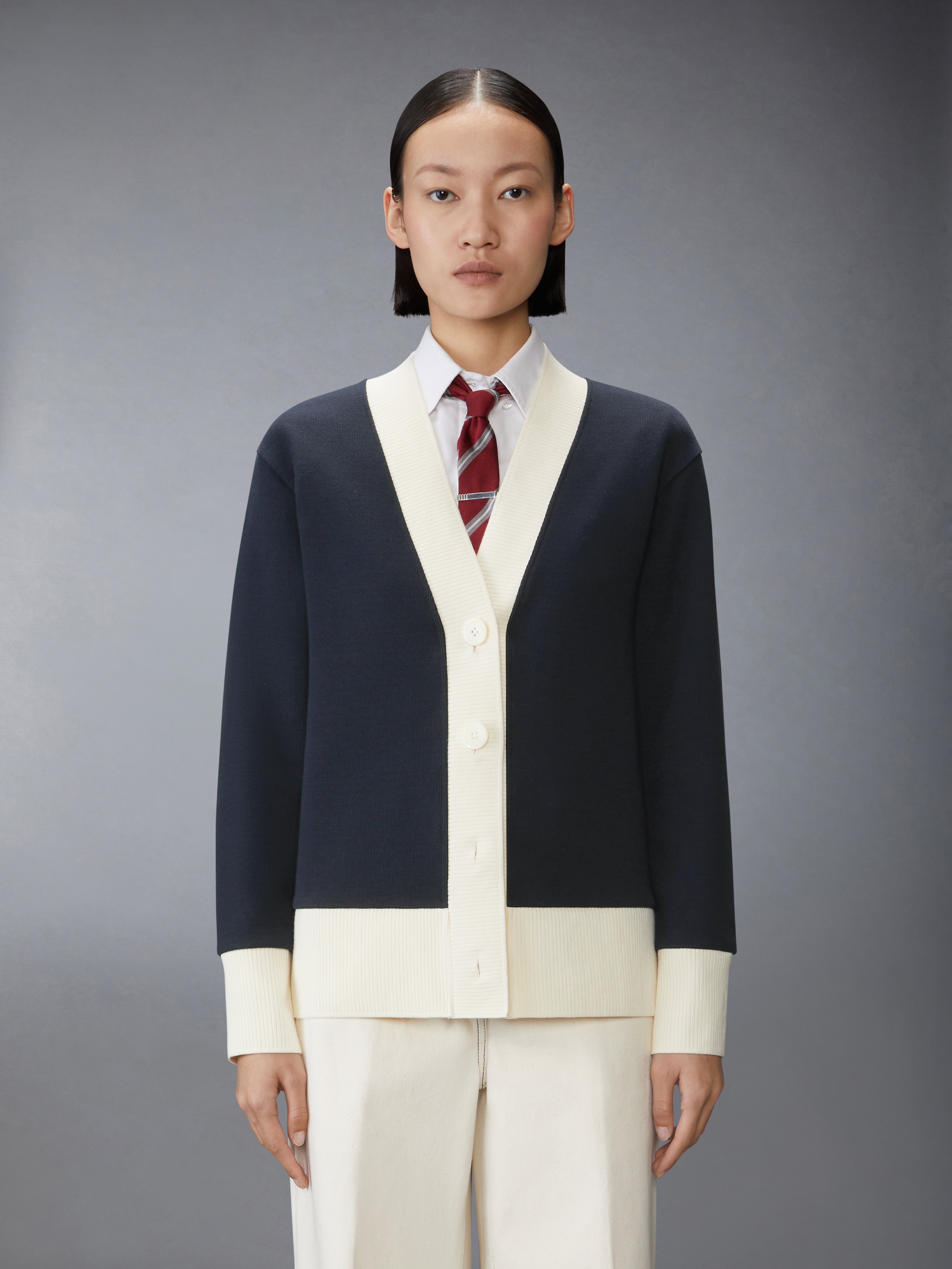 【送料&関税込】Thom Browne Dark Blue Cotton Oversize Cardig Solid Double Face Knit Oversized Cardigan | Thom Browne