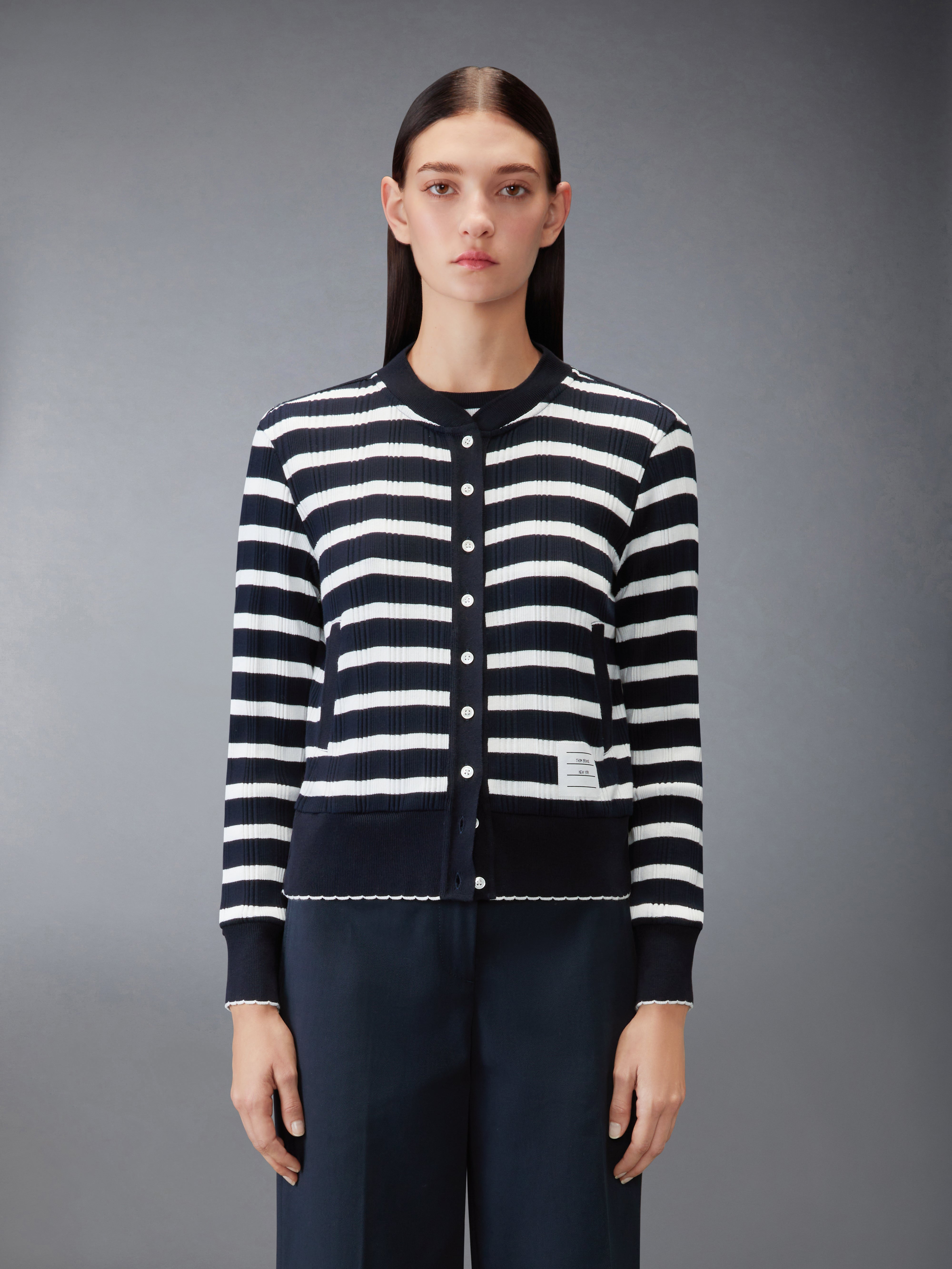 Striped Rib Scallop Edge Cardigan | Thom Browne