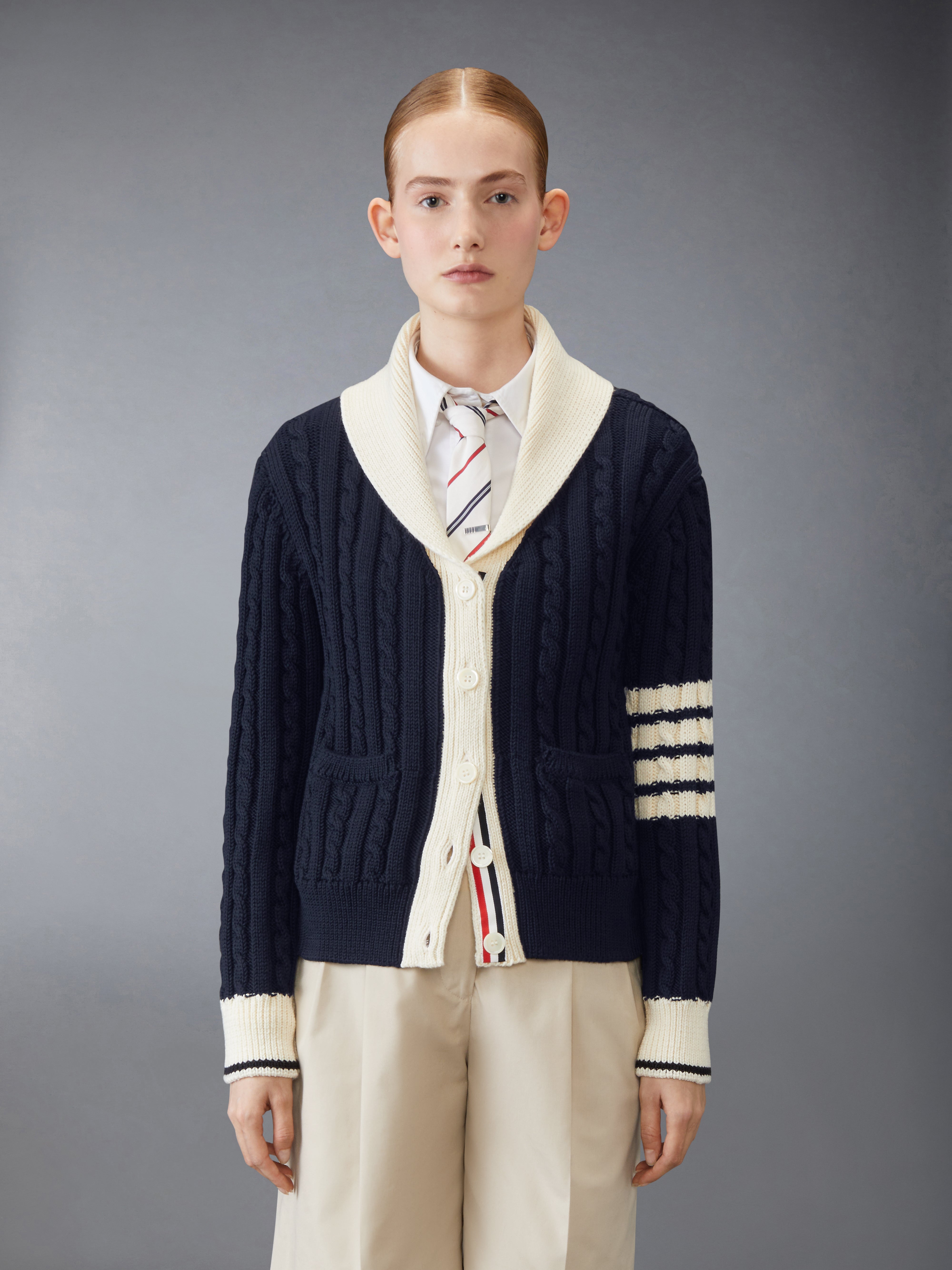 Classic Baby Cable Stitch Shawl Collar Cardigan In Merino