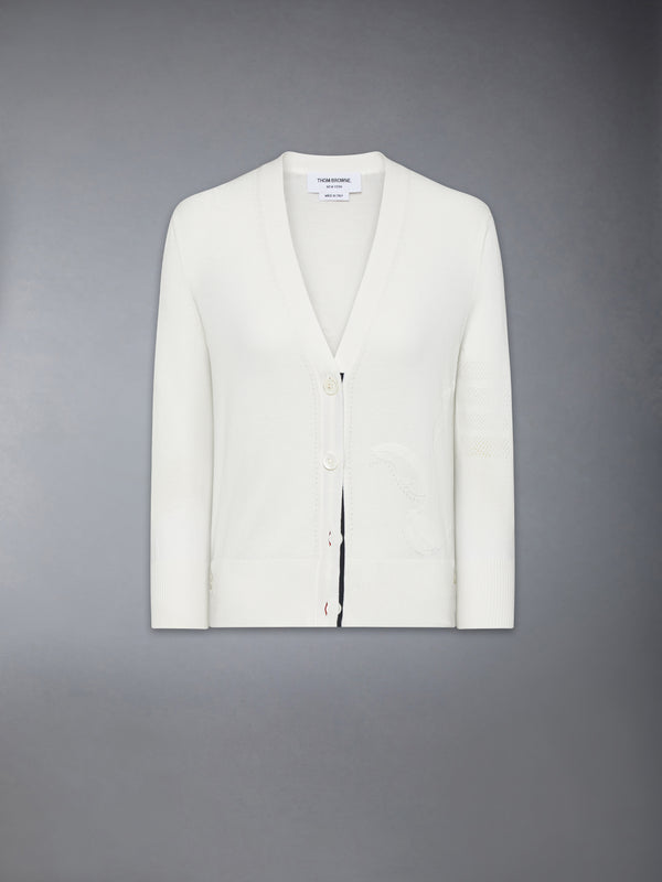 FEATHER INTARSIA POINTELLE 4-BAR V NECK CARDIGAN - featured image