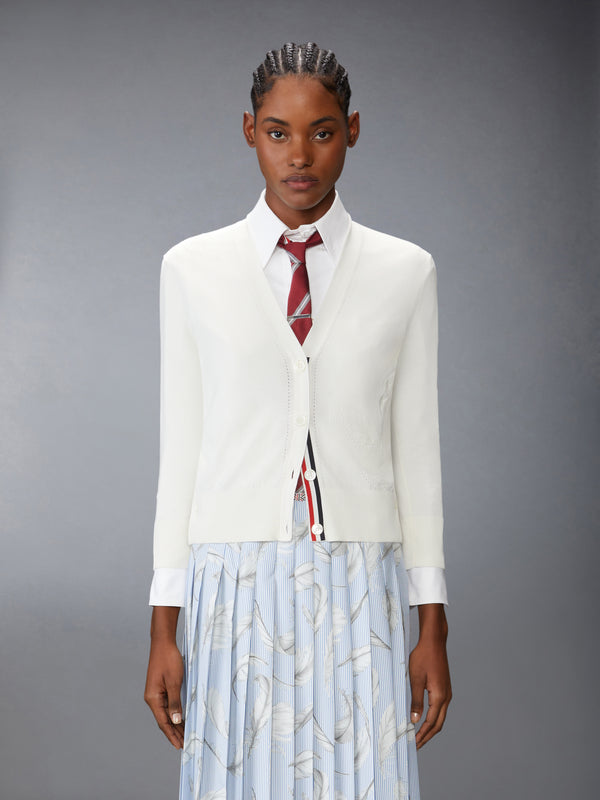 FEATHER INTARSIA POINTELLE 4-BAR V NECK CARDIGAN - image 1