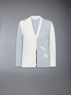 FUNMIX FEATHER INTARSIA POINTELLE RELAXED FIT V NECK CARDIGAN