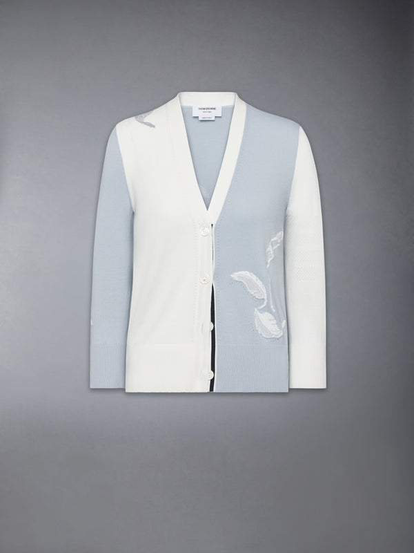 FUNMIX FEATHER INTARSIA POINTELLE RELAXED FIT V NECK CARDIGAN - featured image