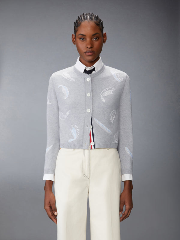 FEATHER INTARSIA PRINTED SILK TWILL CREW NECK CARDIGAN - image 1