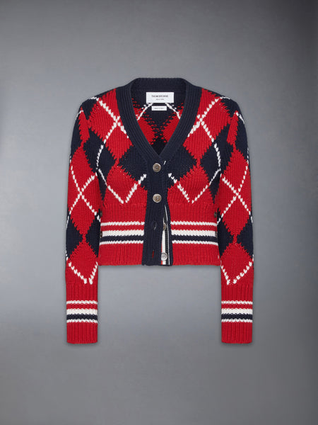 ARGYLE INTARSIA MERINO WOOL SHRUNKEN CARDIGAN