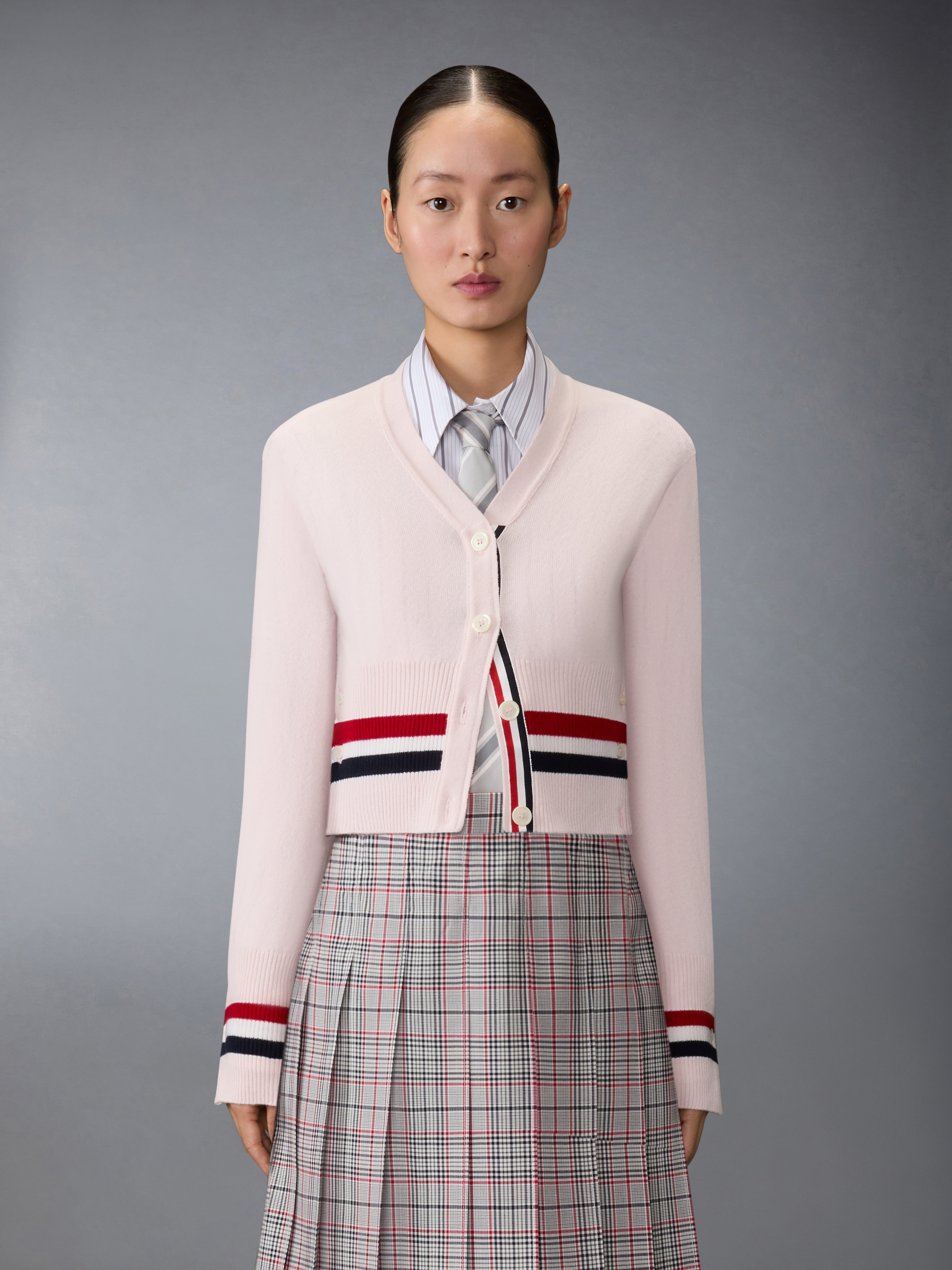 Cashmere Rwb Stripe Shrunken Cardigan | Thom Browne