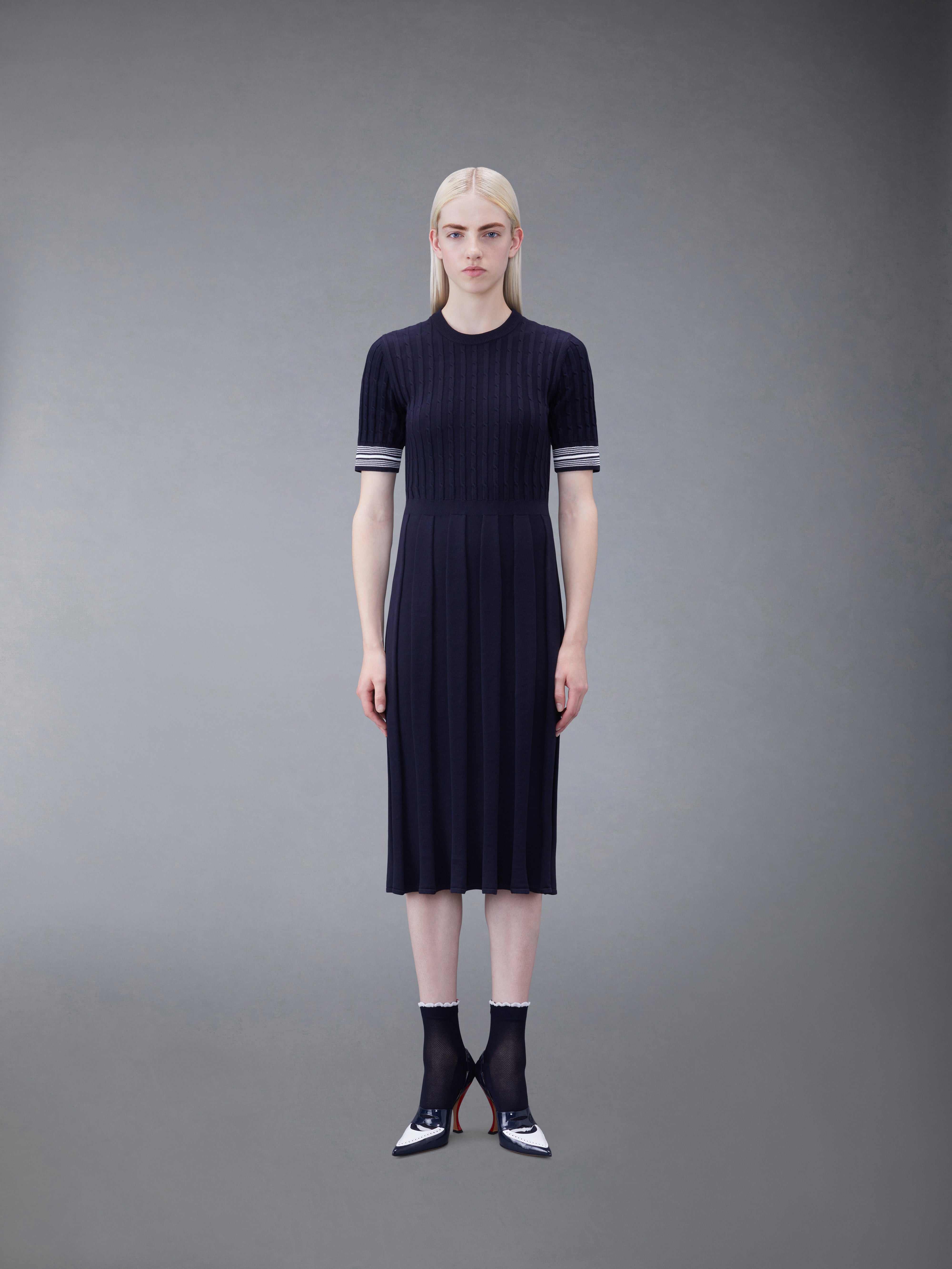 THOM BROWNE Cotton Pleated Cricket Striped Cable Dress