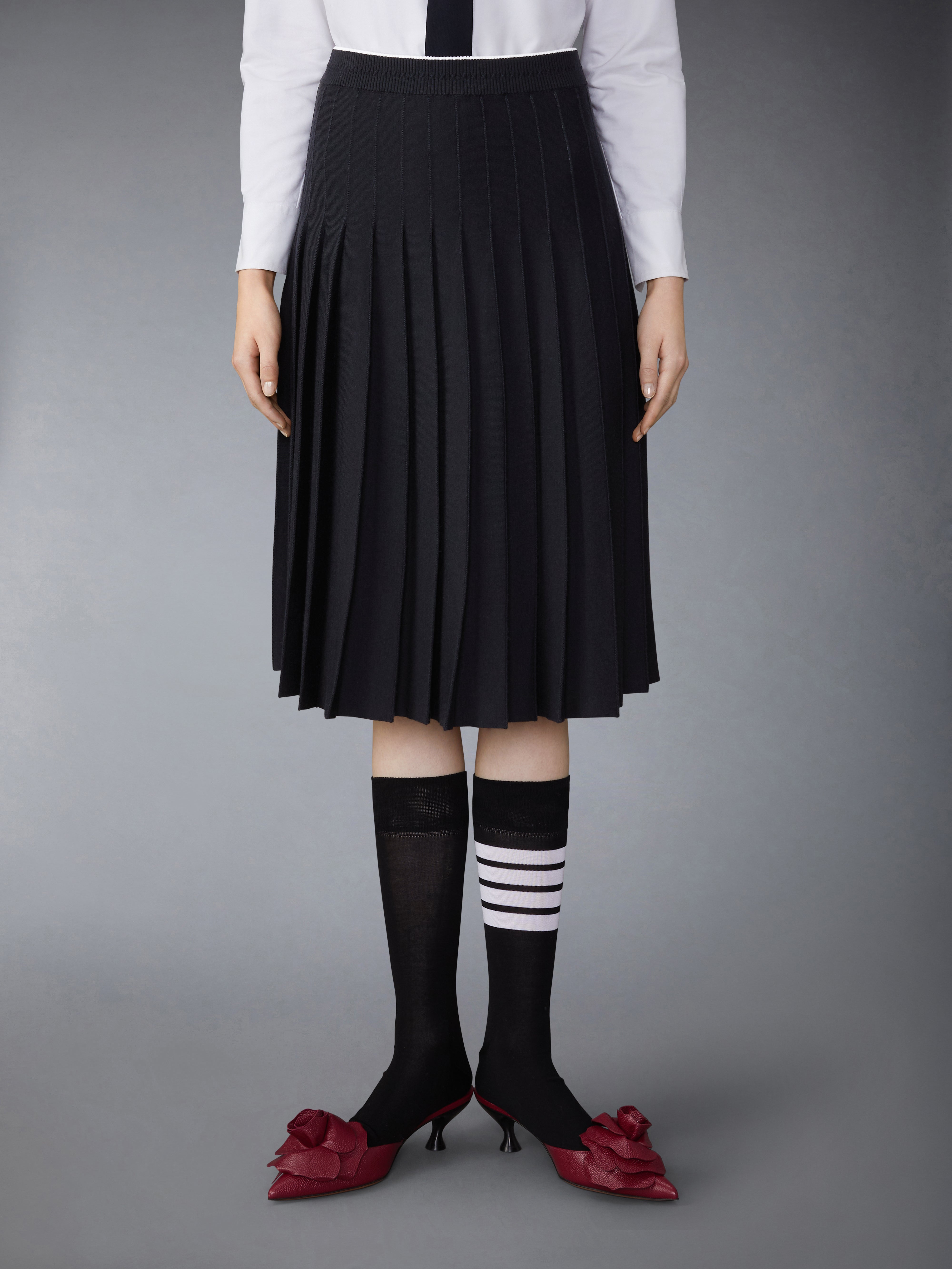 Wool Silk Blend Tipping Calbe Waistband Midi Pleated Skirt