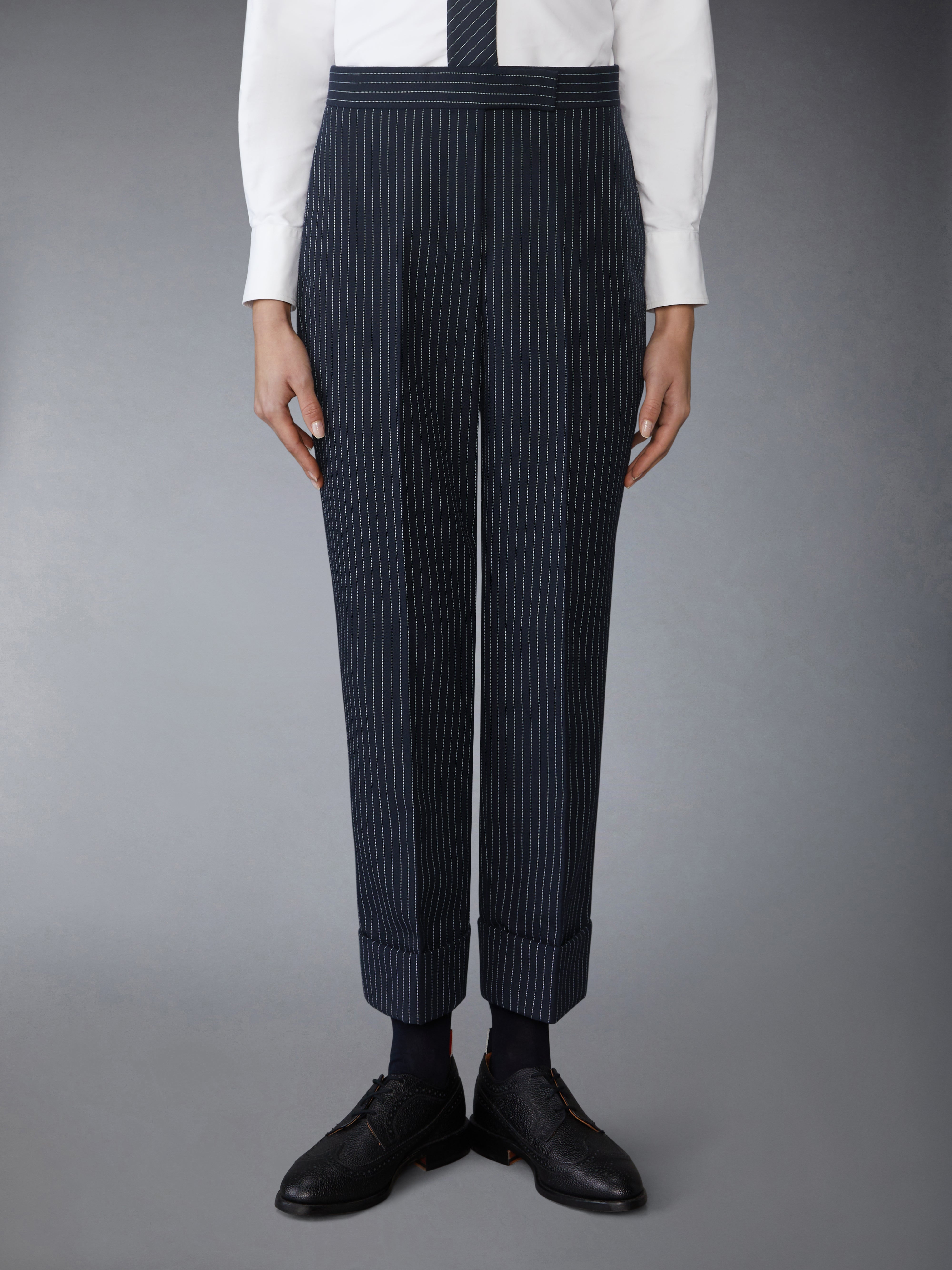 Women's Pinstripe High Twist Wool Trouser in Navy Size 36