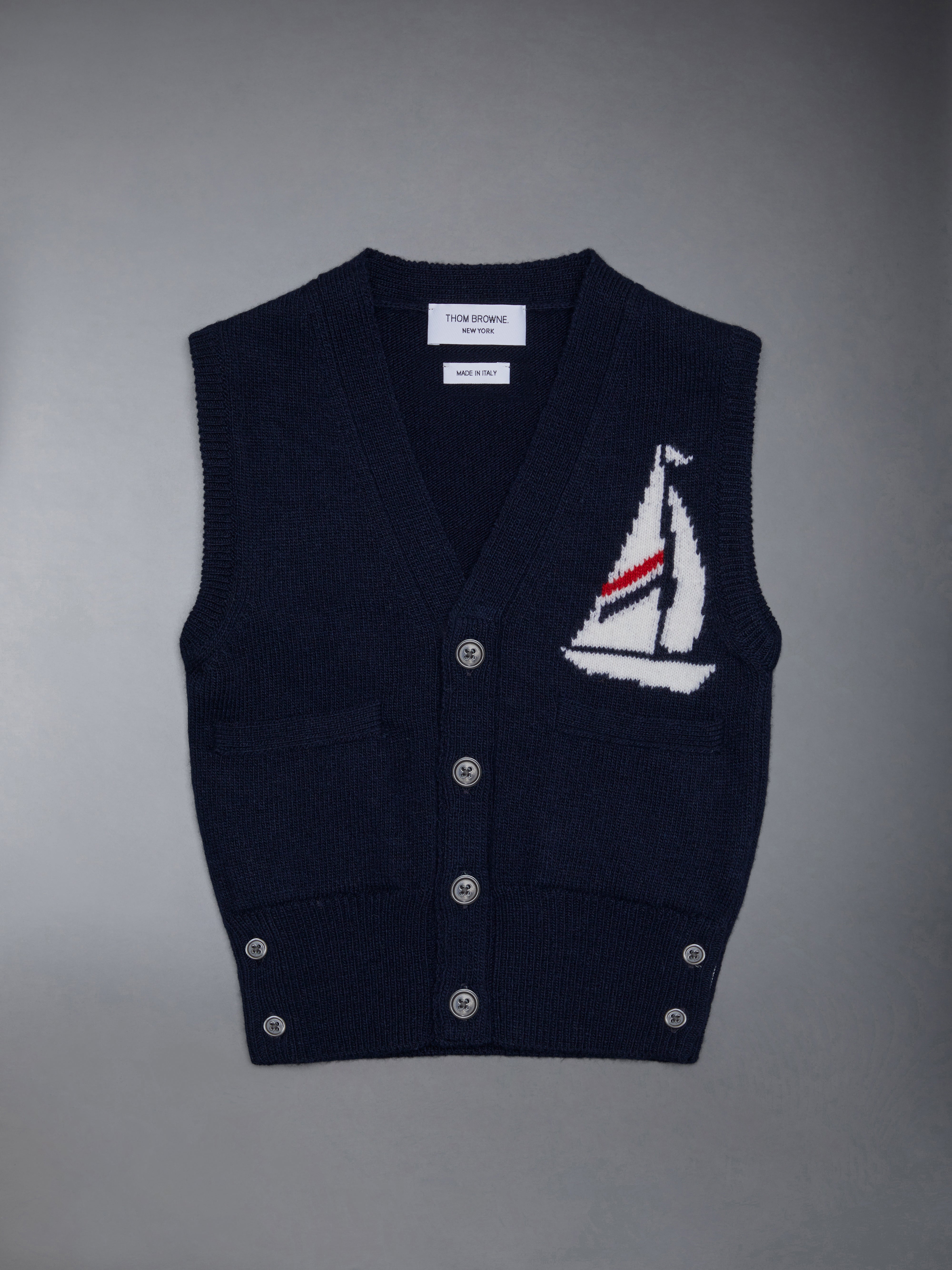 Kid'S Fine Merino Half Drop Cardigan Vest | Thom Browne