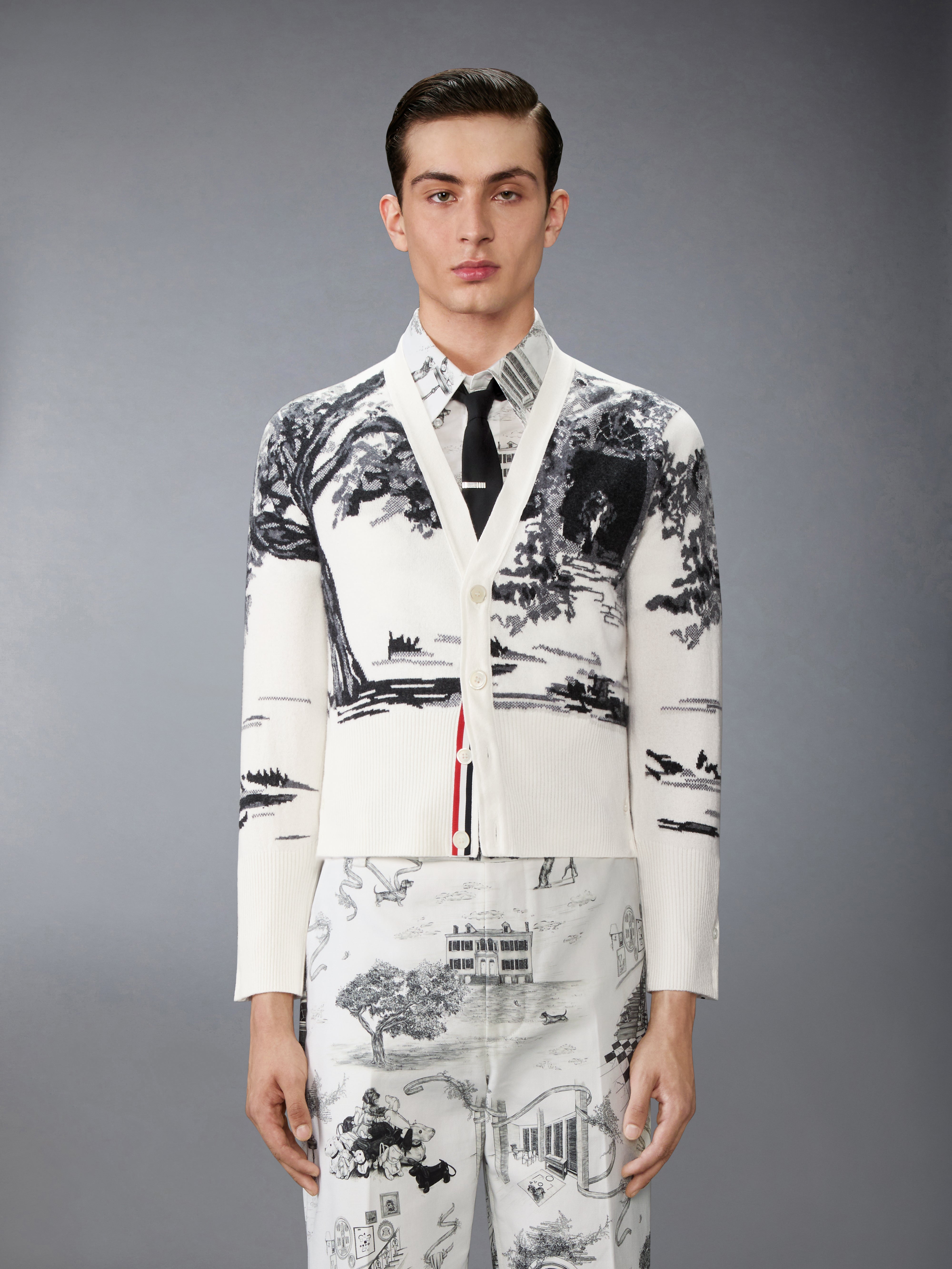 Cashmere Jersey Intarsia Hector Toile Cardigan | Thom Browne