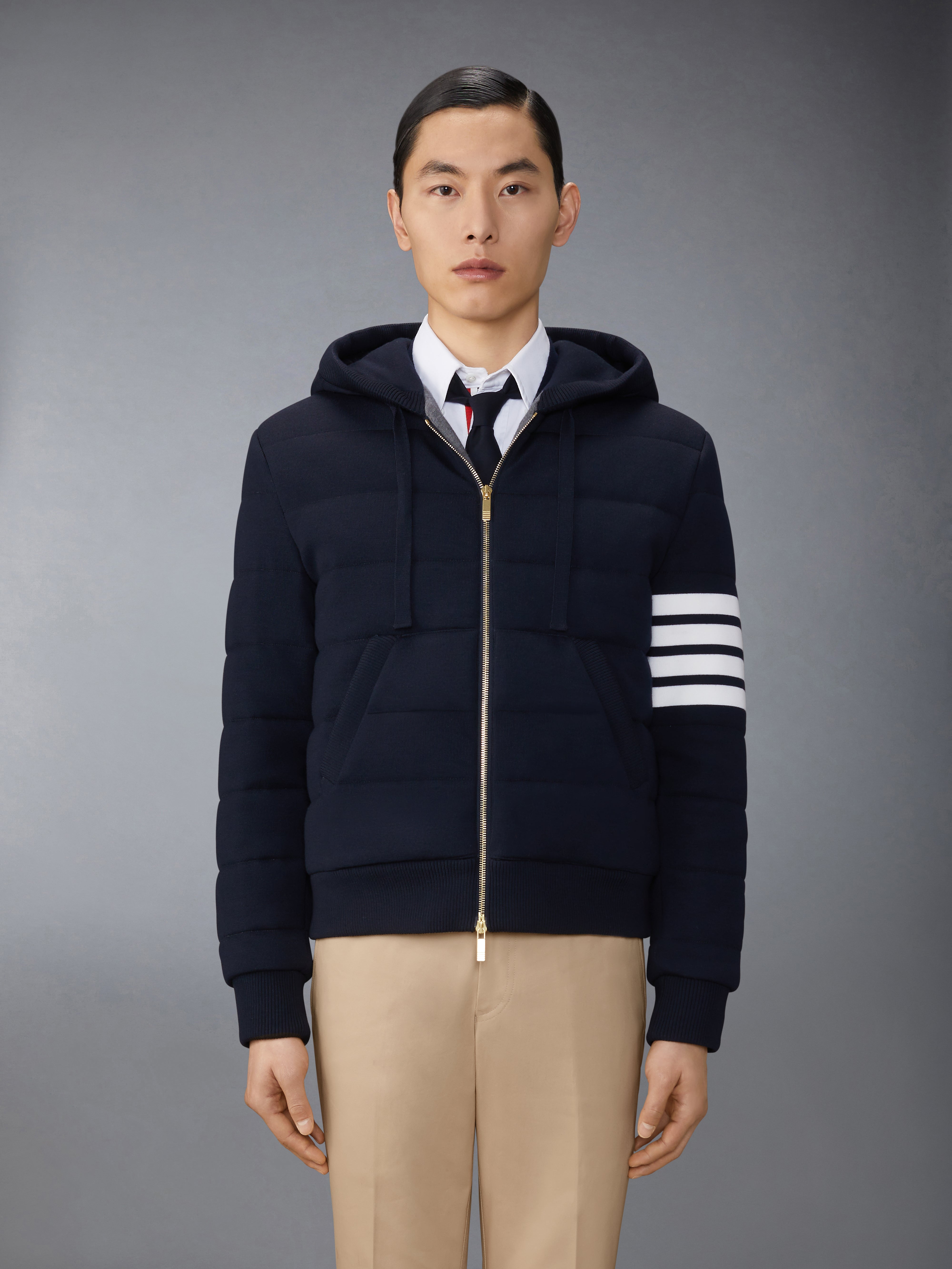 Merino Wool Jersey Stitch Padded 4 Bar Zip Up Hoodie | Thom