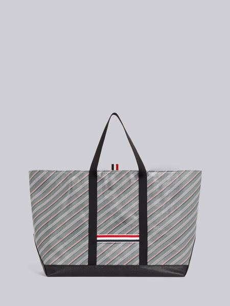 STRIPED LEATHER-TRIM TOTE BAG MED GREY
