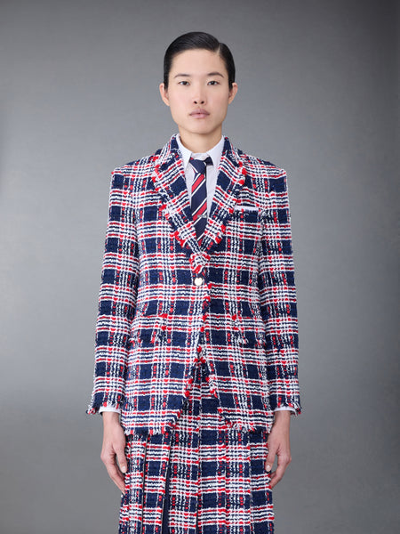 Prince of Wales Check Frayed Chenille Tweed Elongated Sport Coat RWBWHT
