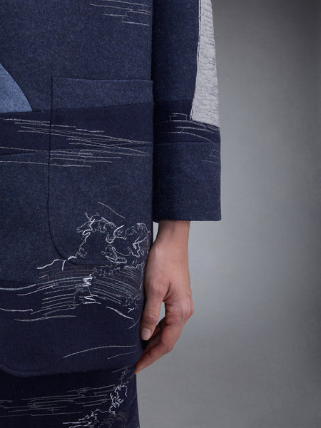 Wool Flannel Stitch Detail Oversized Sack Sport Coat DEEP BLUE