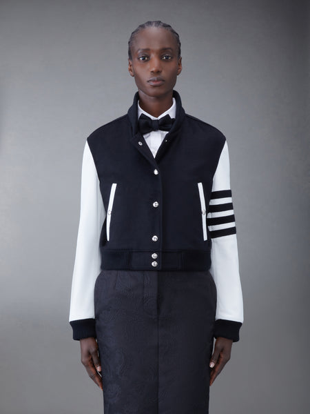 ZIBELINE CASHMERE LEATHER SLEEVE CROPPED VARSITY JACKET BLACK