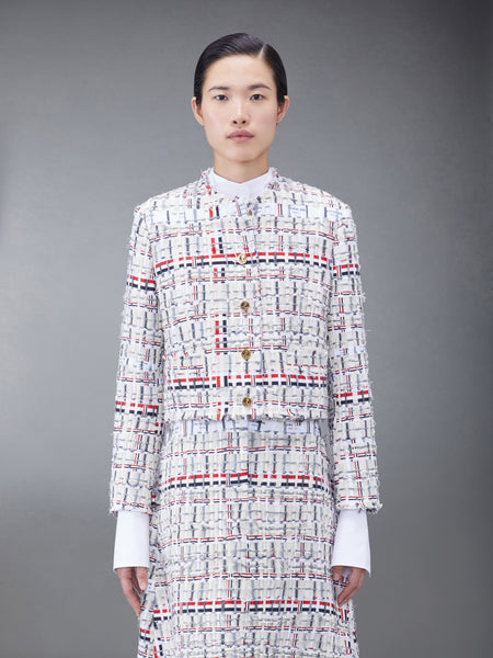 デコンストラクテッドツイードボックスプリーツカーディガンジャケット RWB/白