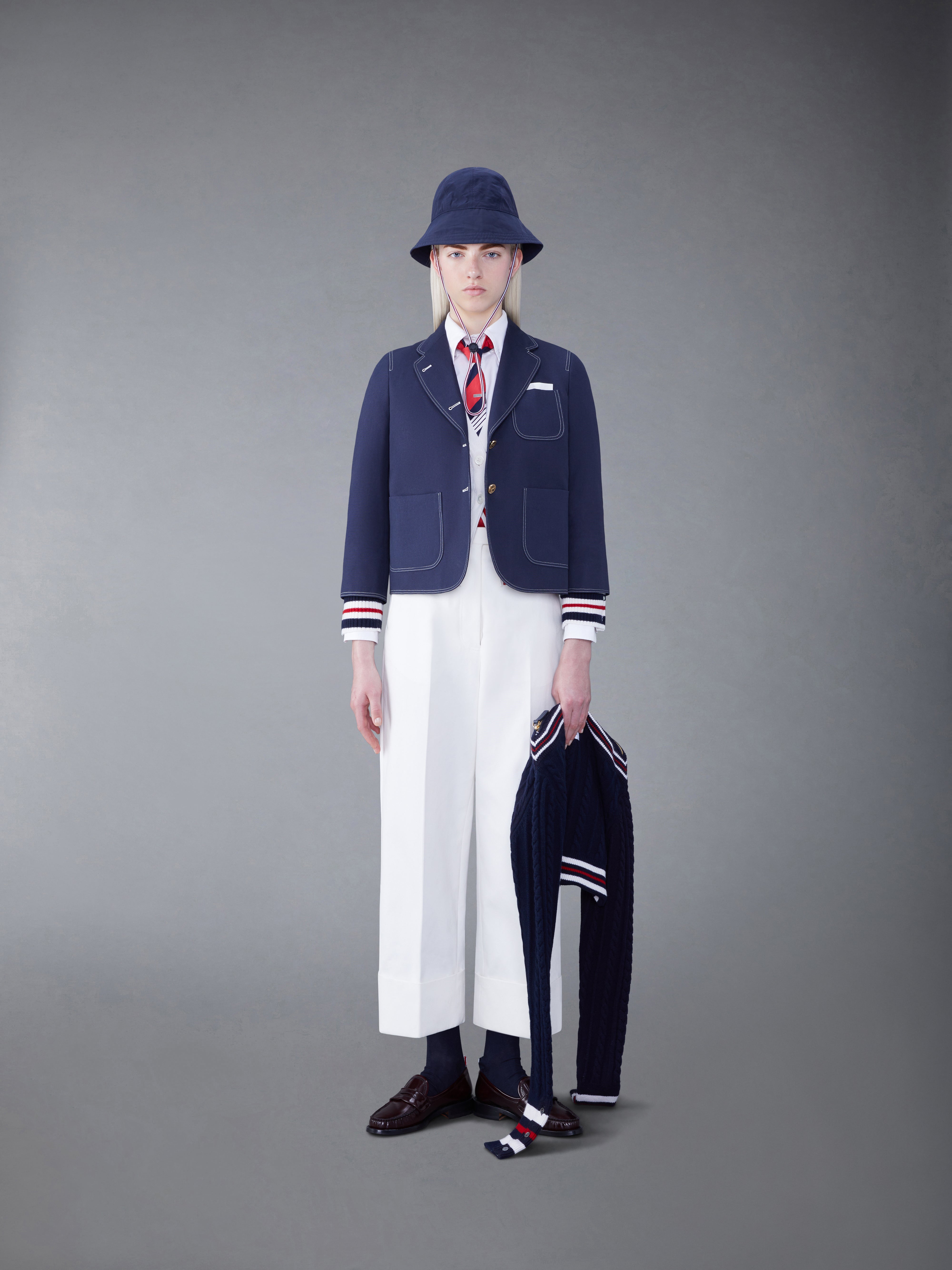 ジャケット THOM BROWNE Woman Jacket Blue FBD051XF0241 415 Zip Up Funnel Neck Jacket W/ Seamed In 4 Bar Stripe In