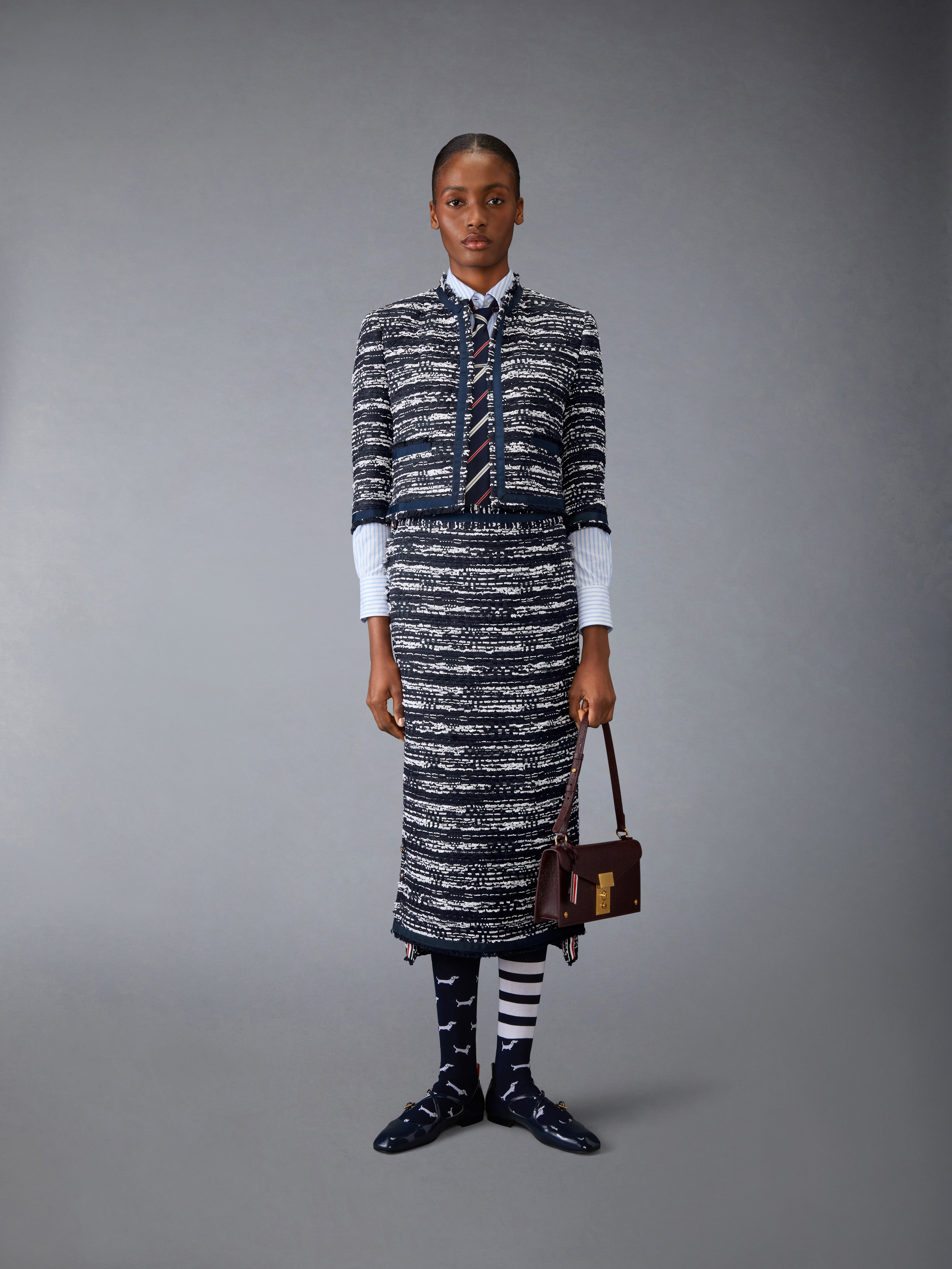 Melange Tulle Yarn Tweed Drop Back Cardigan Jacket | Thom Browne