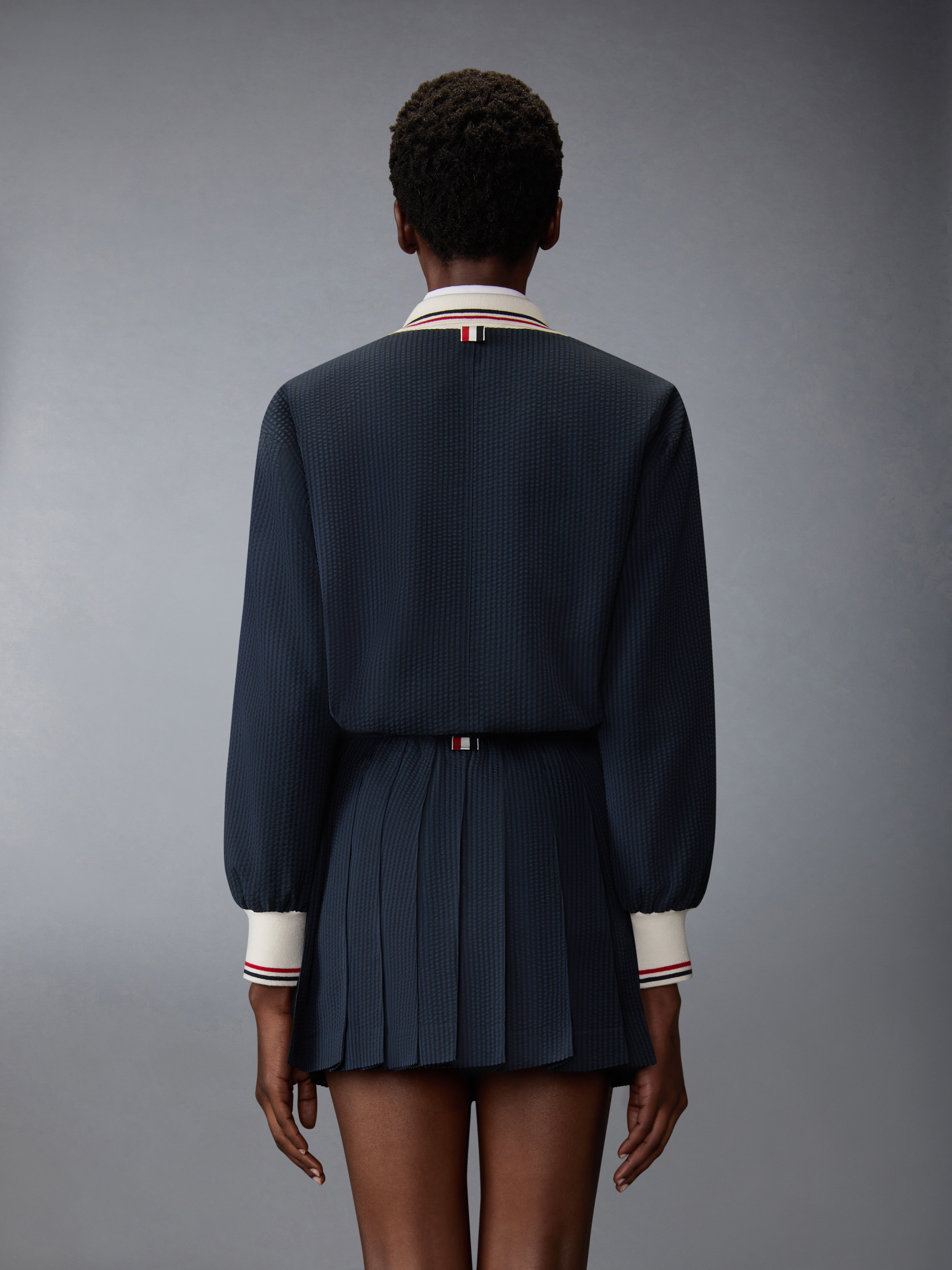 THOM BROWNE ストライプ シアサッカー半袖ジャケット サイズ00 ウール シアサッカー ジップアップ トラック ジャケット | Thom Browne