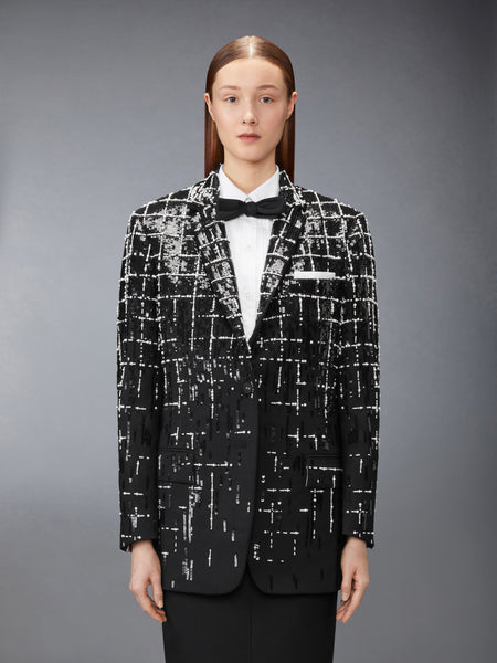 WINDOWPANE SEQUIN PEARL DEGRADE ELONGATED SPORTCOAT BLACK