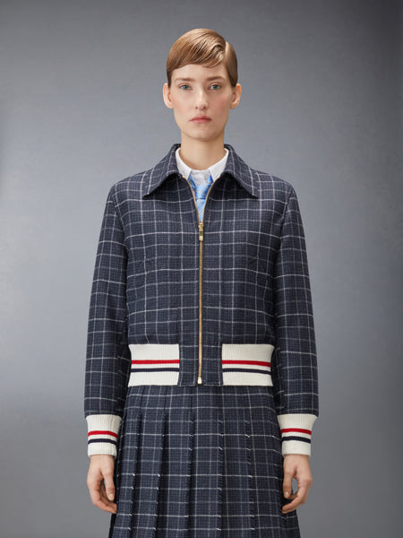 WINDOWPANE HOUNDSTOOTH TEVIOT TWEED CROPPED FLIGHT JACKET NAVY