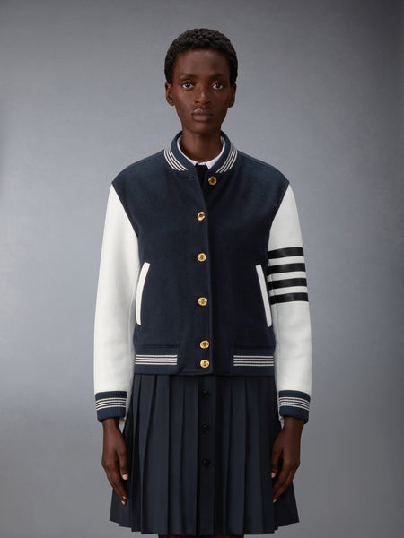 CASHMERE AND LEATHER BROWNE 65 VARSITY JACKET NAVY