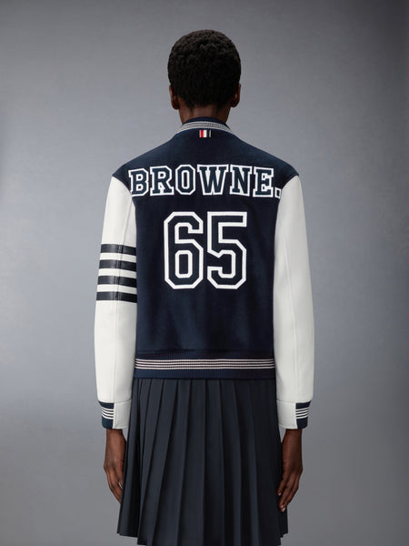 CASHMERE AND LEATHER BROWNE 65 VARSITY JACKET NAVY
