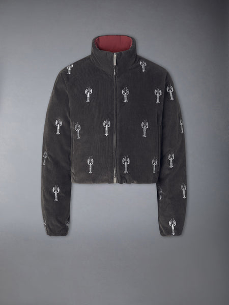 CORDUROY LOBSTER STITCH REVERSIBLE CROPPED DOWN JACKET MED GREY