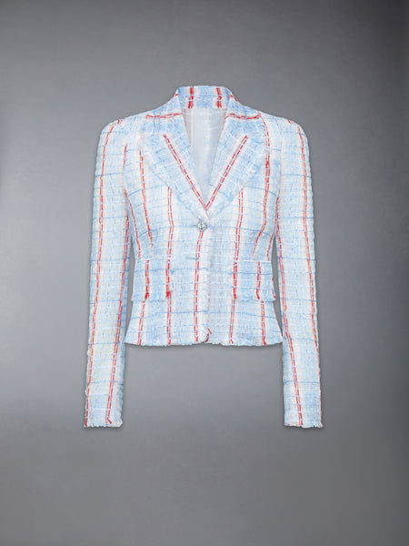 STRIPED SHEER TWEED CROPPED JACKET WITH FRAY EDGE LIGHT BLUE