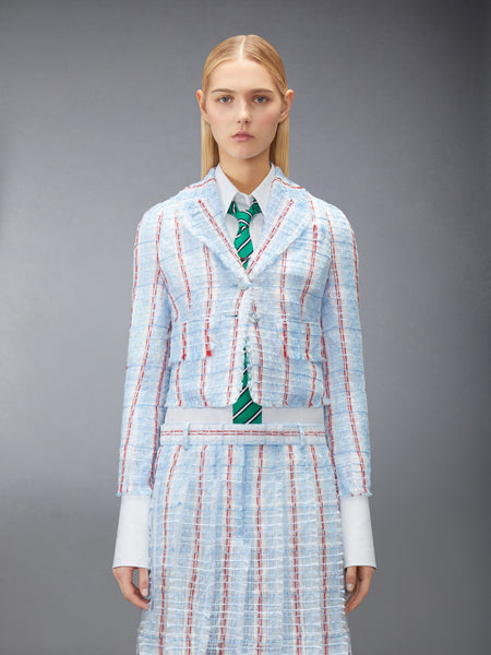 STRIPED SHEER TWEED CROPPED JACKET WITH FRAY EDGE LIGHT BLUE