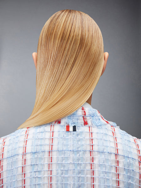 STRIPED SHEER TWEED CROPPED JACKET WITH FRAY EDGE LIGHT BLUE