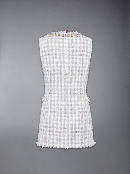 GINGHAM SATIN RIBBON TWEED MINI PENCIL DRESS WITH SWAROVSKI CRYSTAL