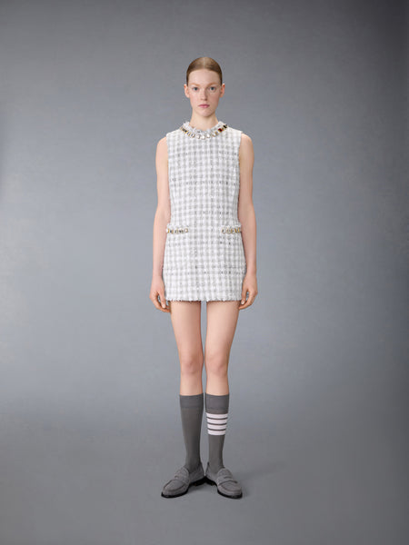 GINGHAM SATIN RIBBON TWEED MINI PENCIL DRESS WITH SWAROVSKI CRYSTAL