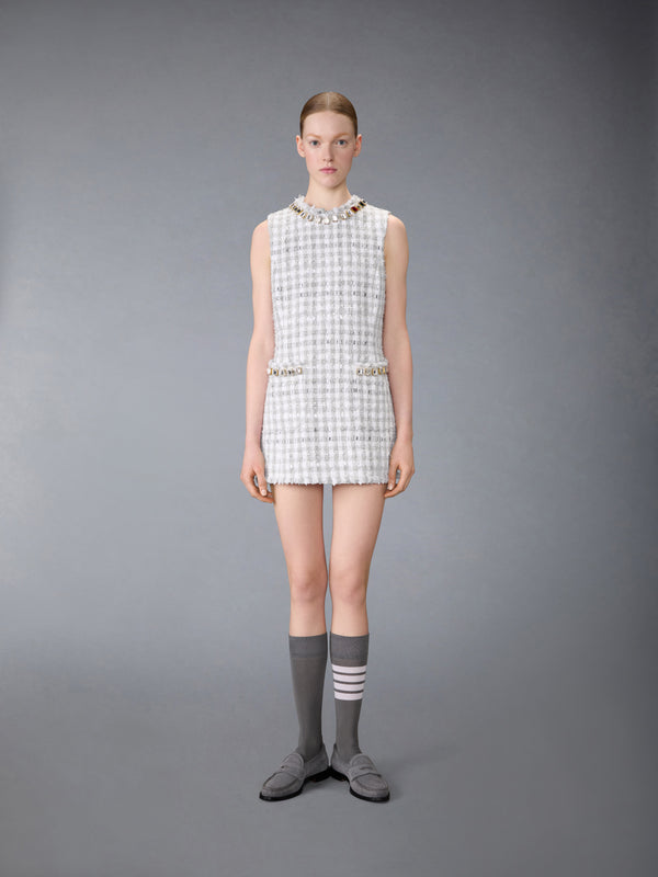 GINGHAM SATIN RIBBON TWEED MINI PENCIL DRESS WITH SWAROVSKI CRYSTAL - image 1