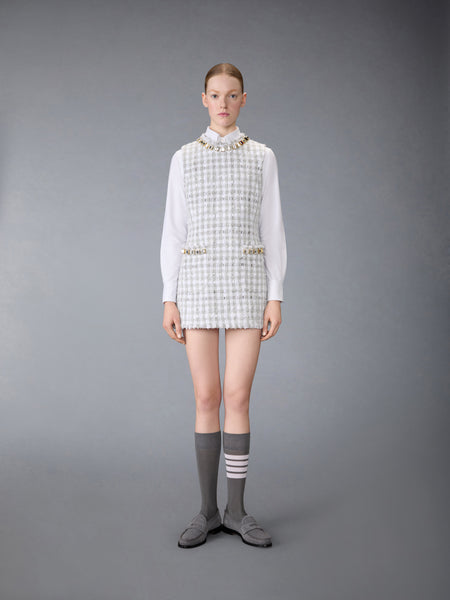GINGHAM SATIN RIBBON TWEED MINI PENCIL DRESS WITH SWAROVSKI CRYSTAL