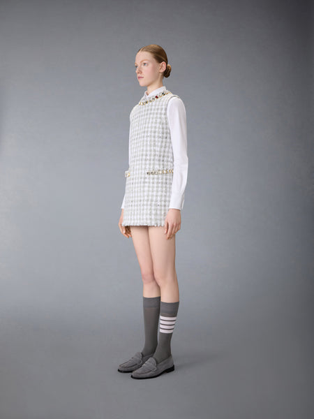 GINGHAM SATIN RIBBON TWEED MINI PENCIL DRESS WITH SWAROVSKI CRYSTAL